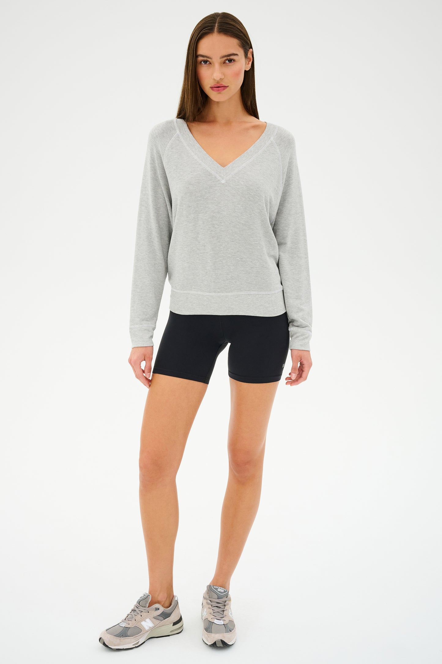 Bennie Fleece V-Neck Sweatshirt - Heather Grey/White