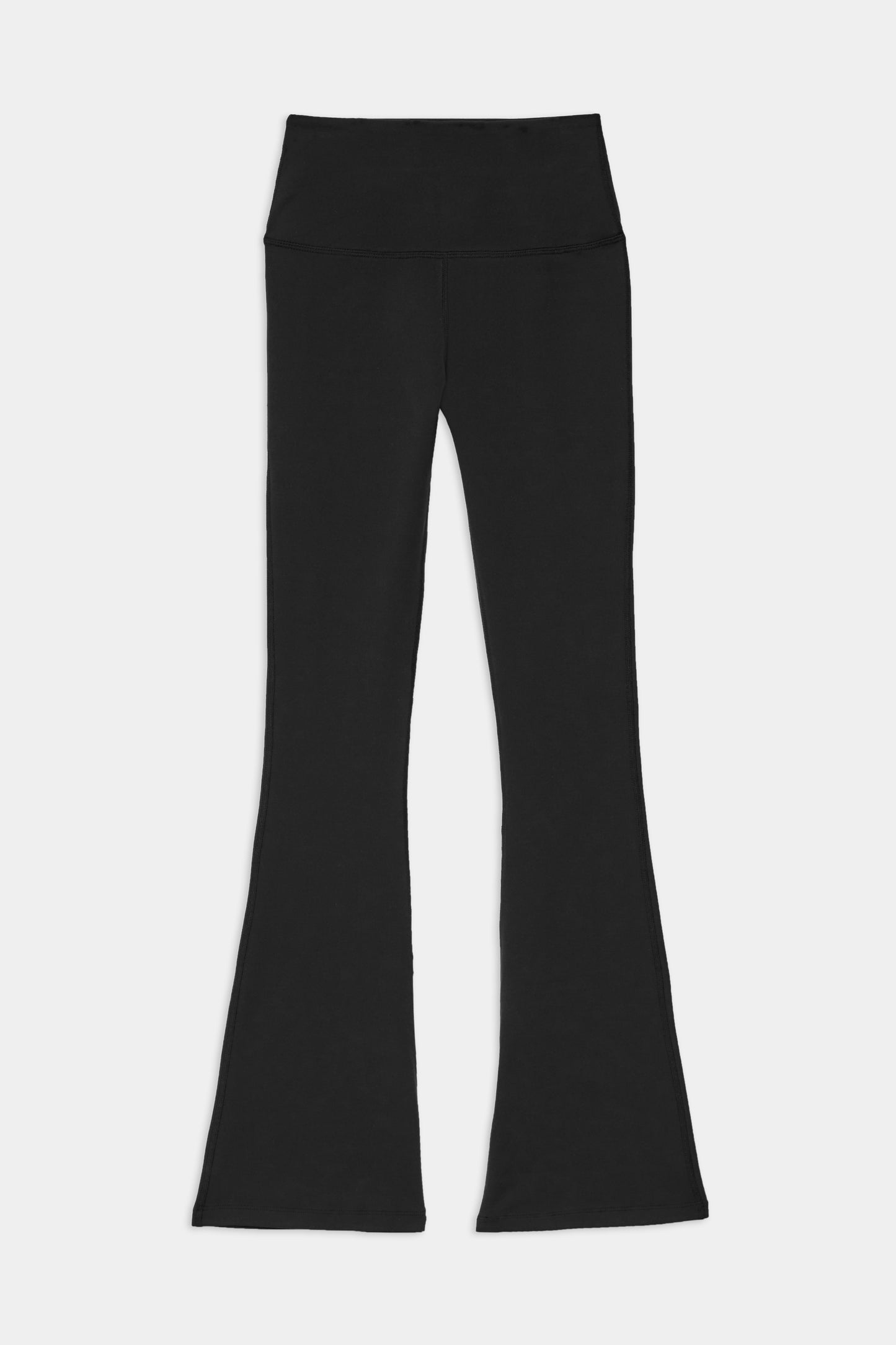 Front flat view of black high waist below ankle length legging with wide flared bottoms