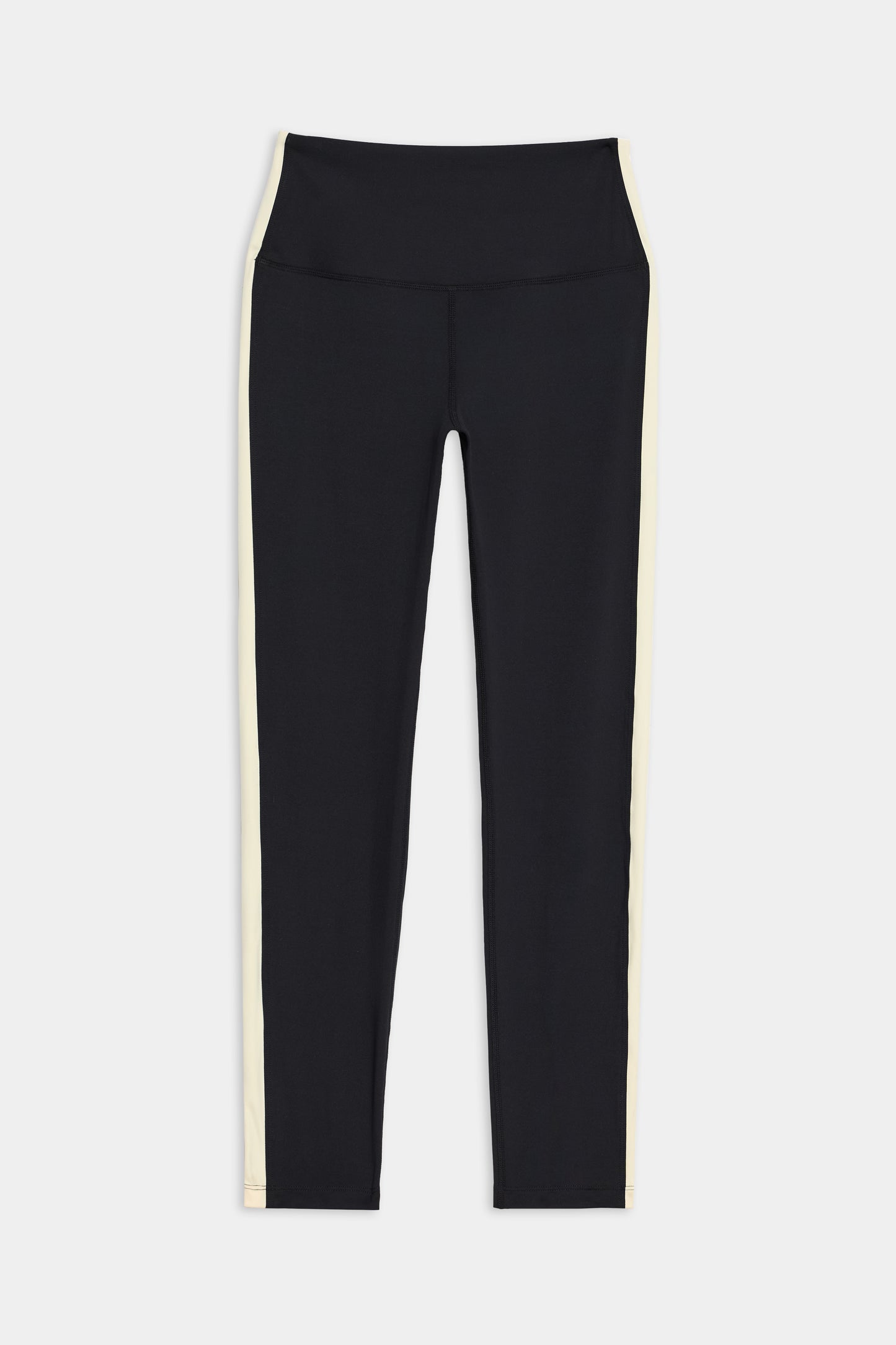 Flat view of black leggings with whit stripe down the side