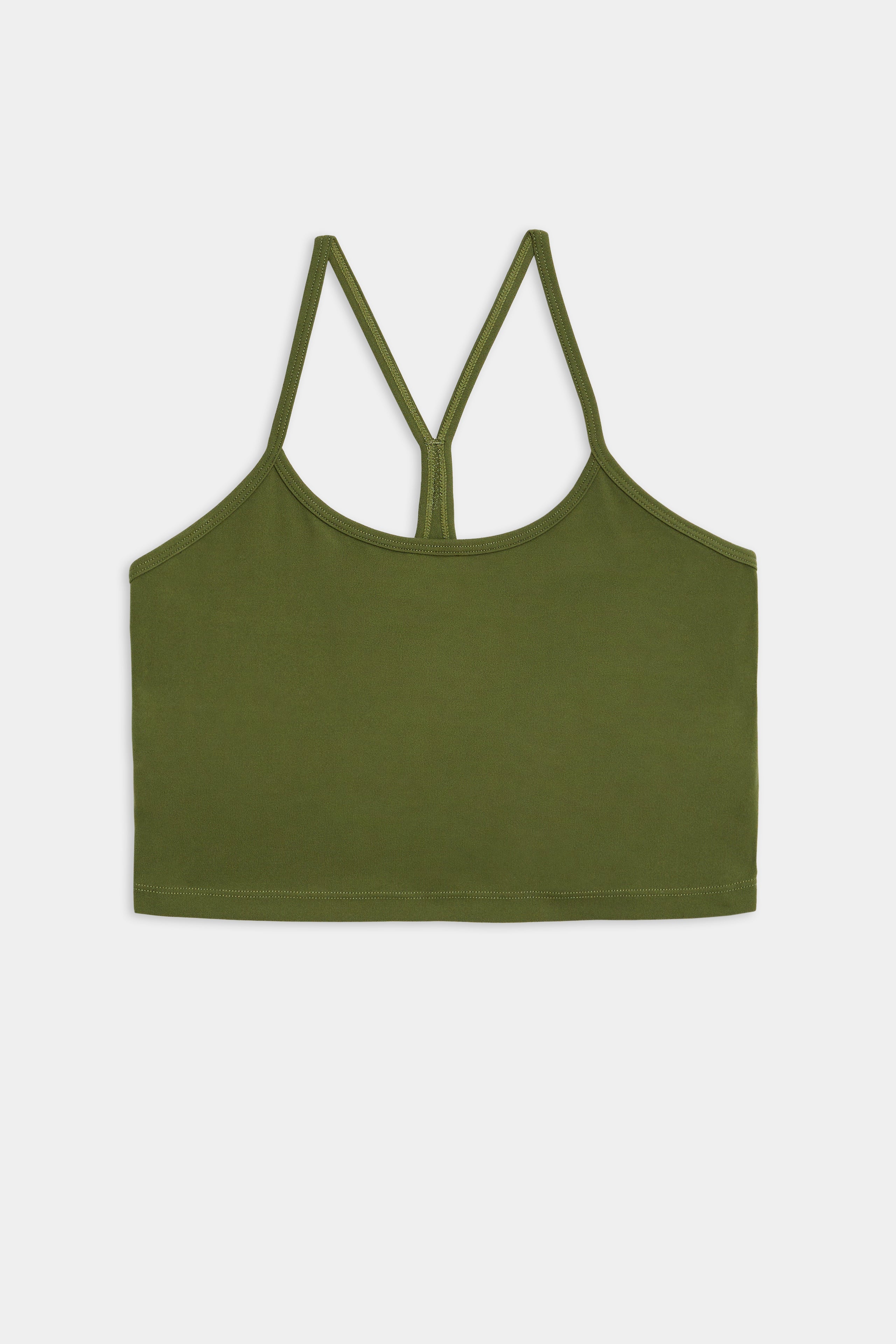 A green, strappy sleeveless crop top made from a blend of nylon and spandex fabric is displayed on a white background. The product name is "Airweight Crop - Olive" by SPLITS59.