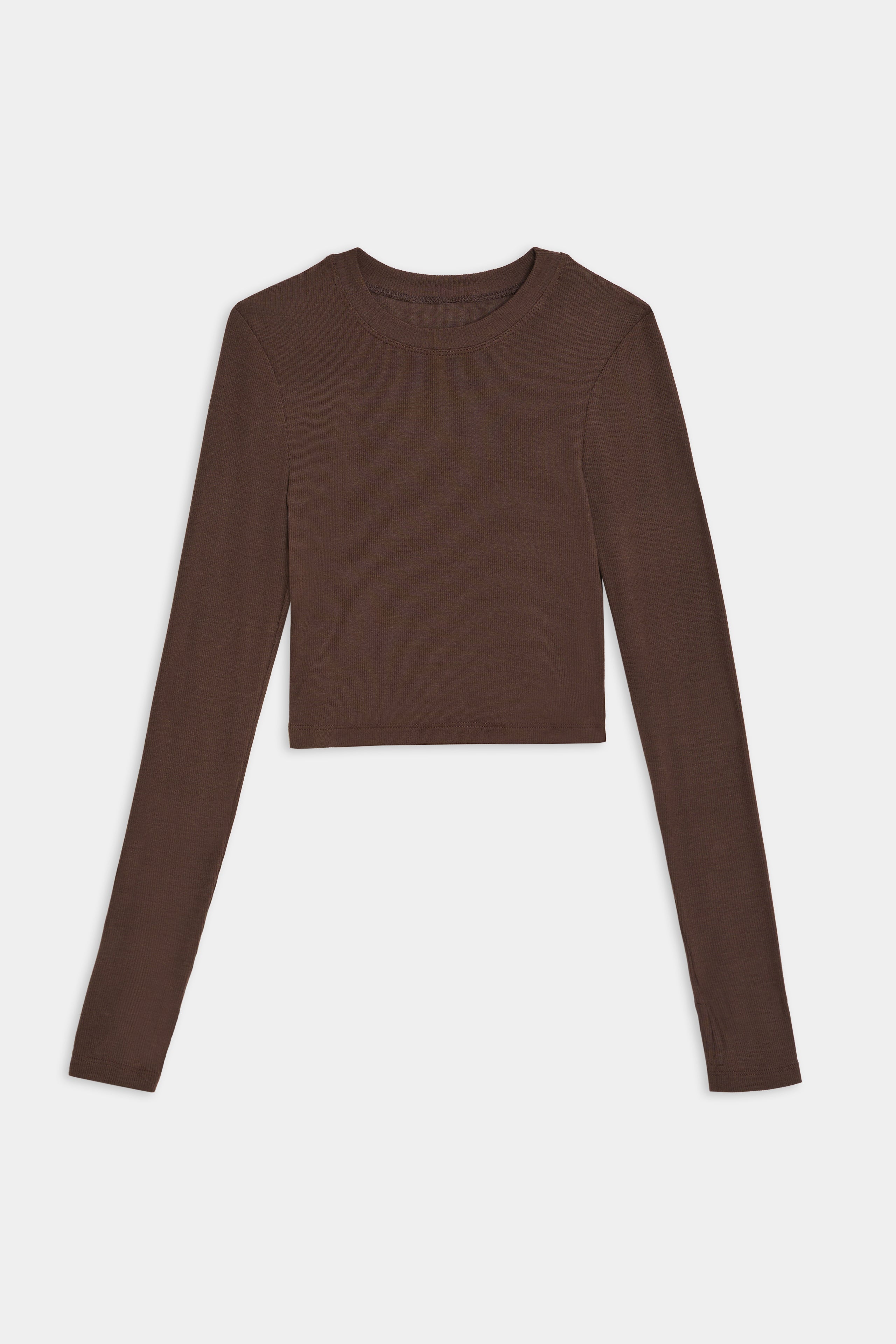 A SPLITS59 Louise Rib Long Sleeve Crop - Dark Chocolate, with a round neckline, made from 95% Modal and 5% Spandex, laid flat on a plain white background.