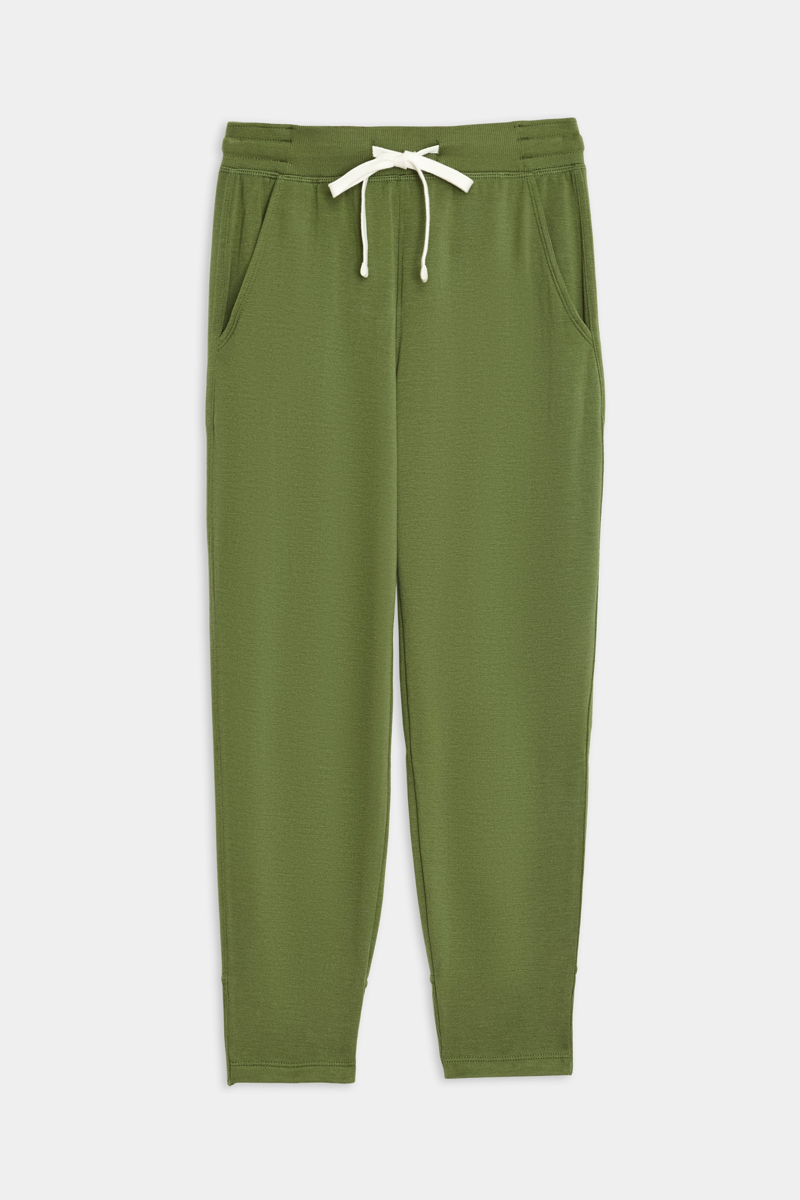 A pair of Reena Fleece 7/8 Sweatpants in Olive from SPLITS59, featuring a white drawstring waistband and side pockets, laid flat on a white background; perfect for pairing with a classic rugby polo.