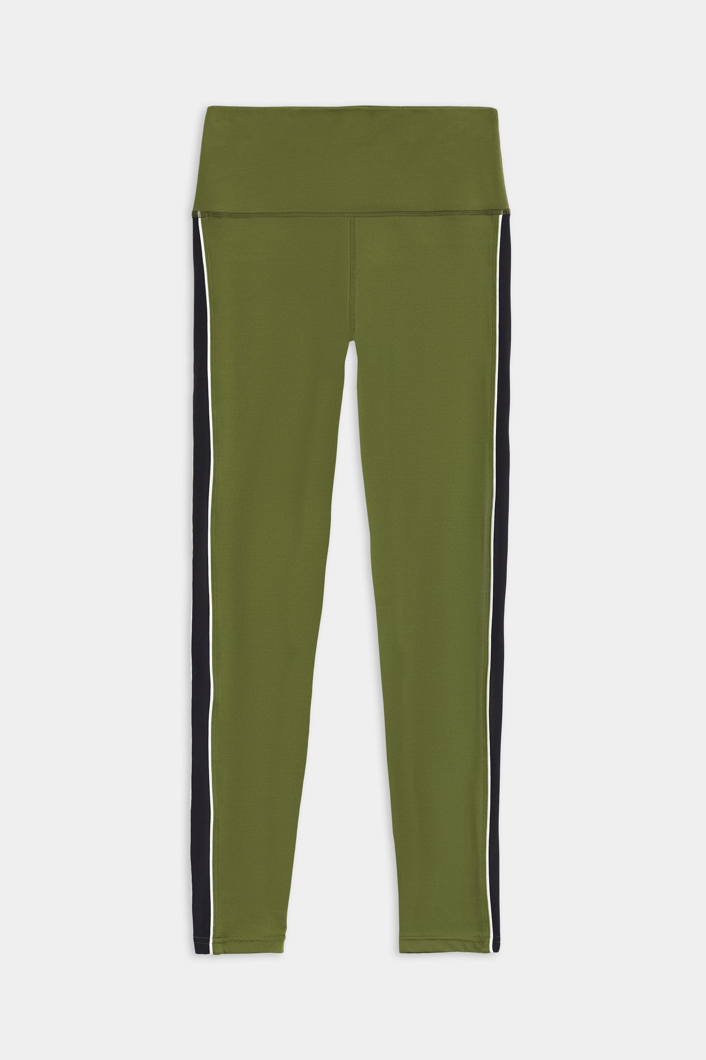 SPLITS59 Margot Rigor Legging - Olive/Black crafted from spandex and nylon, featuring black side panels and white trim.