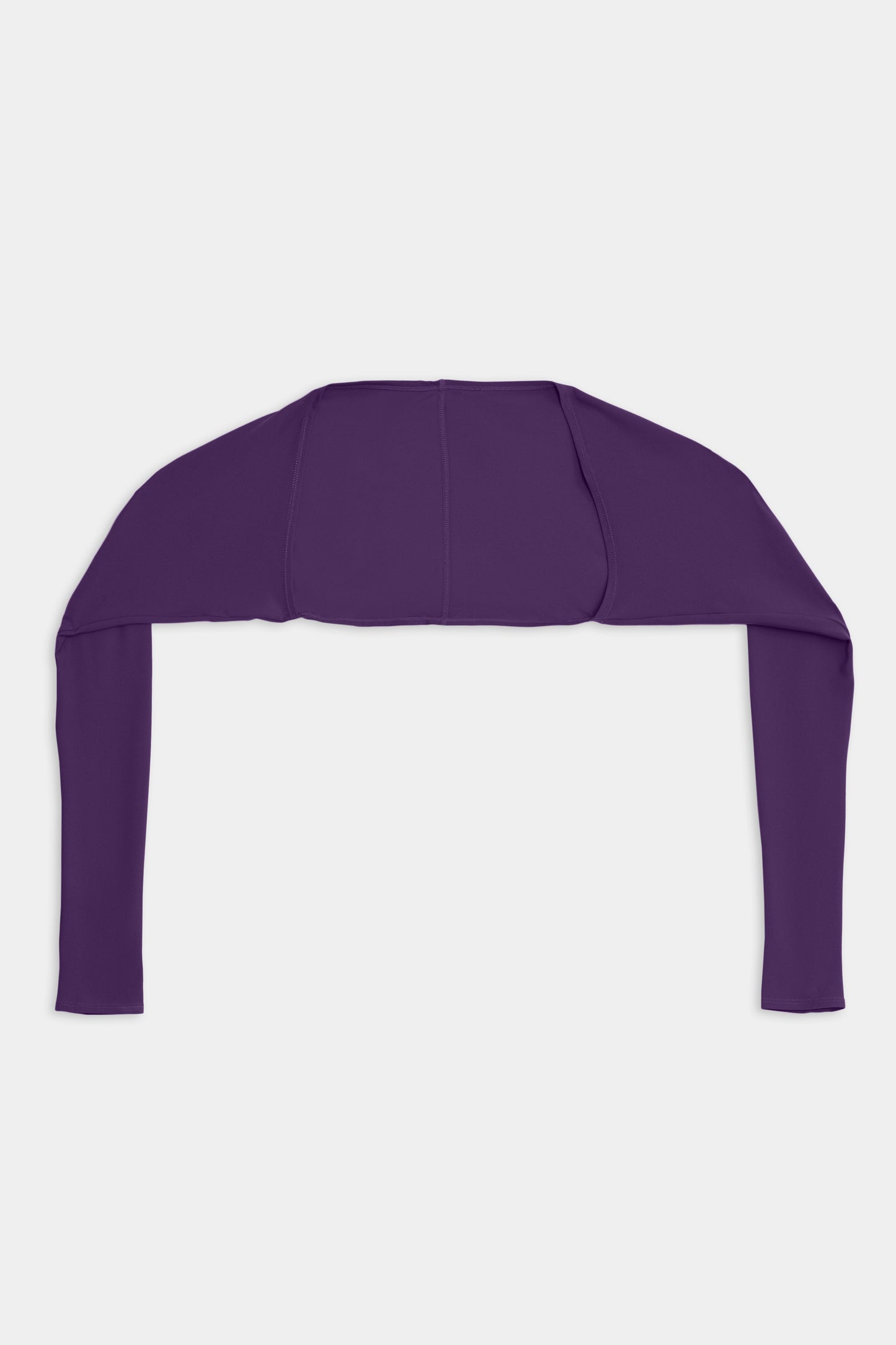 A Shiri Airweight Shrug - Black Currant from SPLITS59 with long sleeves and a cropped length, made from a blend of nylon and spandex fabric, is displayed on a plain white background.