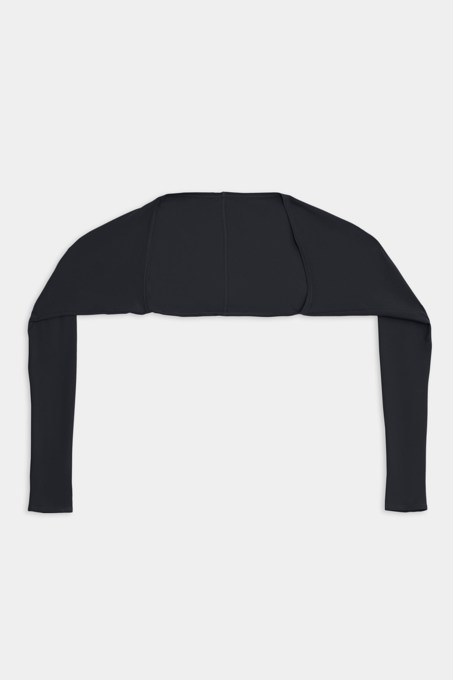 A SPLITS59 Shiri Airweight Shrug - Black with long sleeves, crafted from a blend of spandex and nylon, displayed on a plain white background.