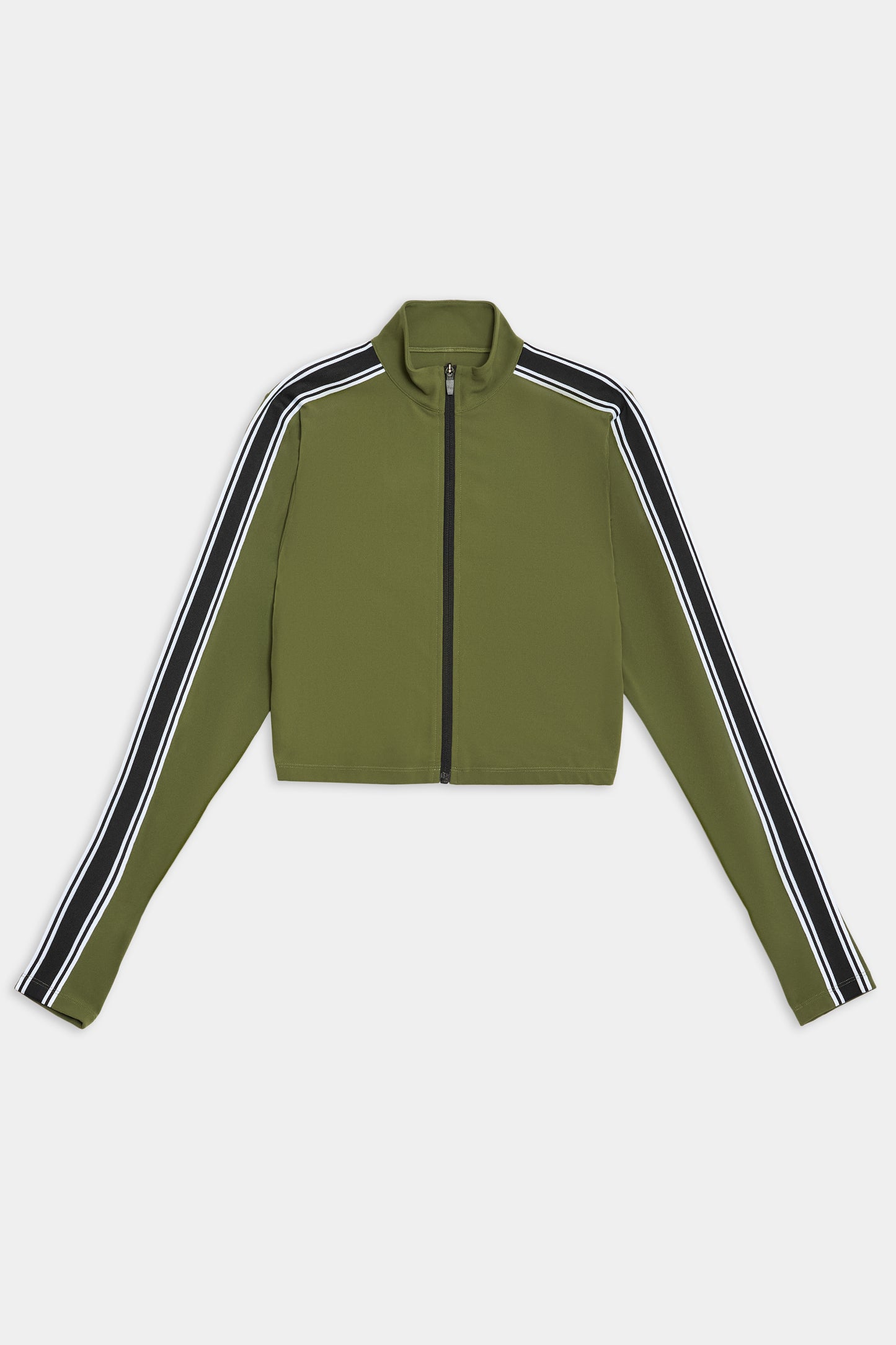 A Leo Airweight Jacket Crop - Olive/White by SPLITS59, crafted from spandex fabric, features white and black striped sleeves and is displayed against a white background.