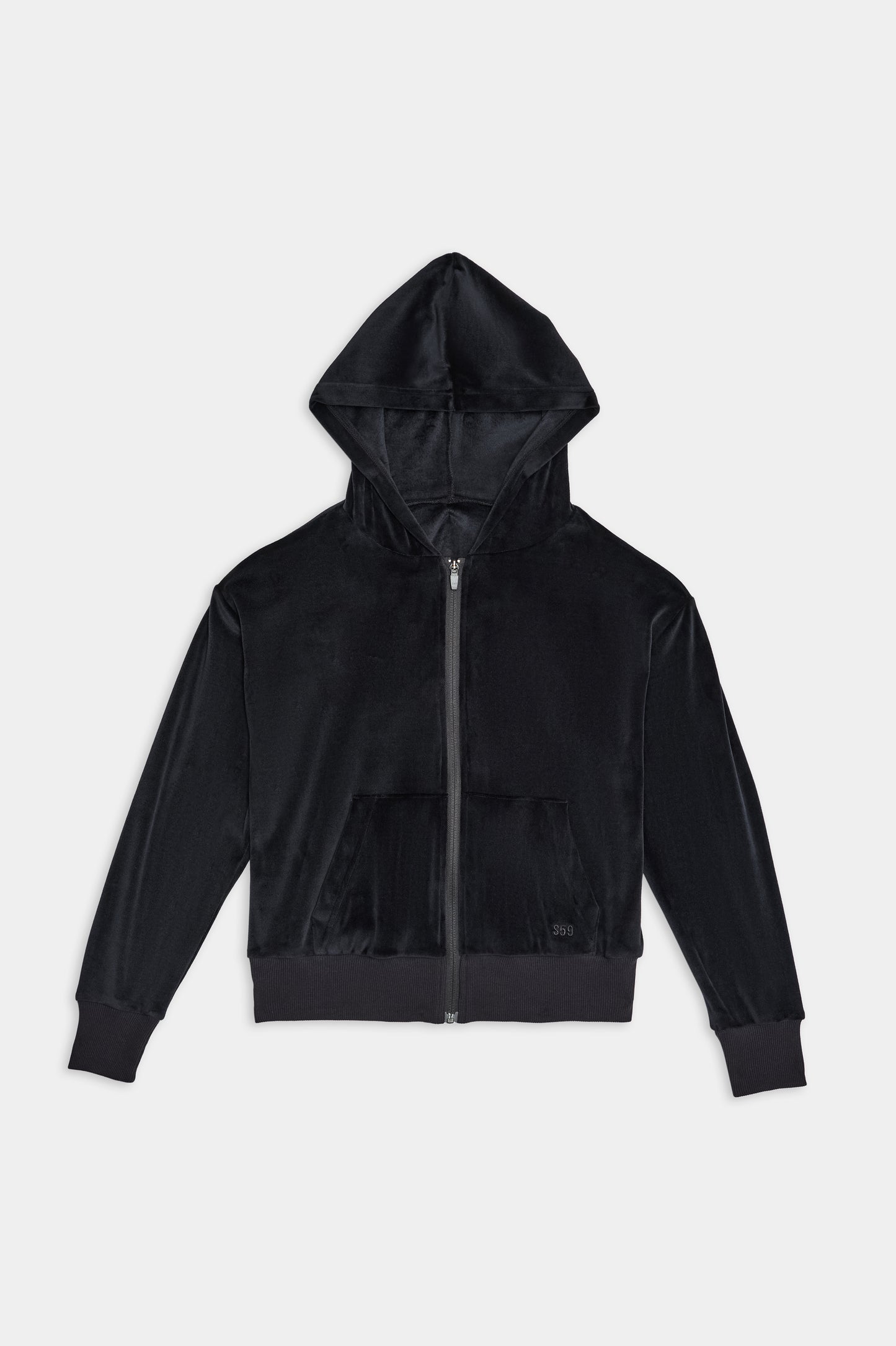 Rhys Velour Zip Up Hoodie - Black, by SPLITS59, made from a blend of soft polyester fabric and spandex, featuring a front pocket and a hood, displayed against a plain white background.