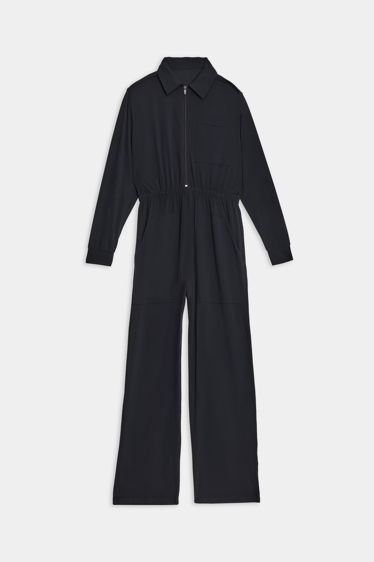 SPLITS59 Ollie Airweight Boiler Suit - Black: This stylish black jumpsuit combines modern style with luxury. It features a front zipper, collar, chest pocket, elastic waistband, and wide legs for an ultra-comfortable fit.