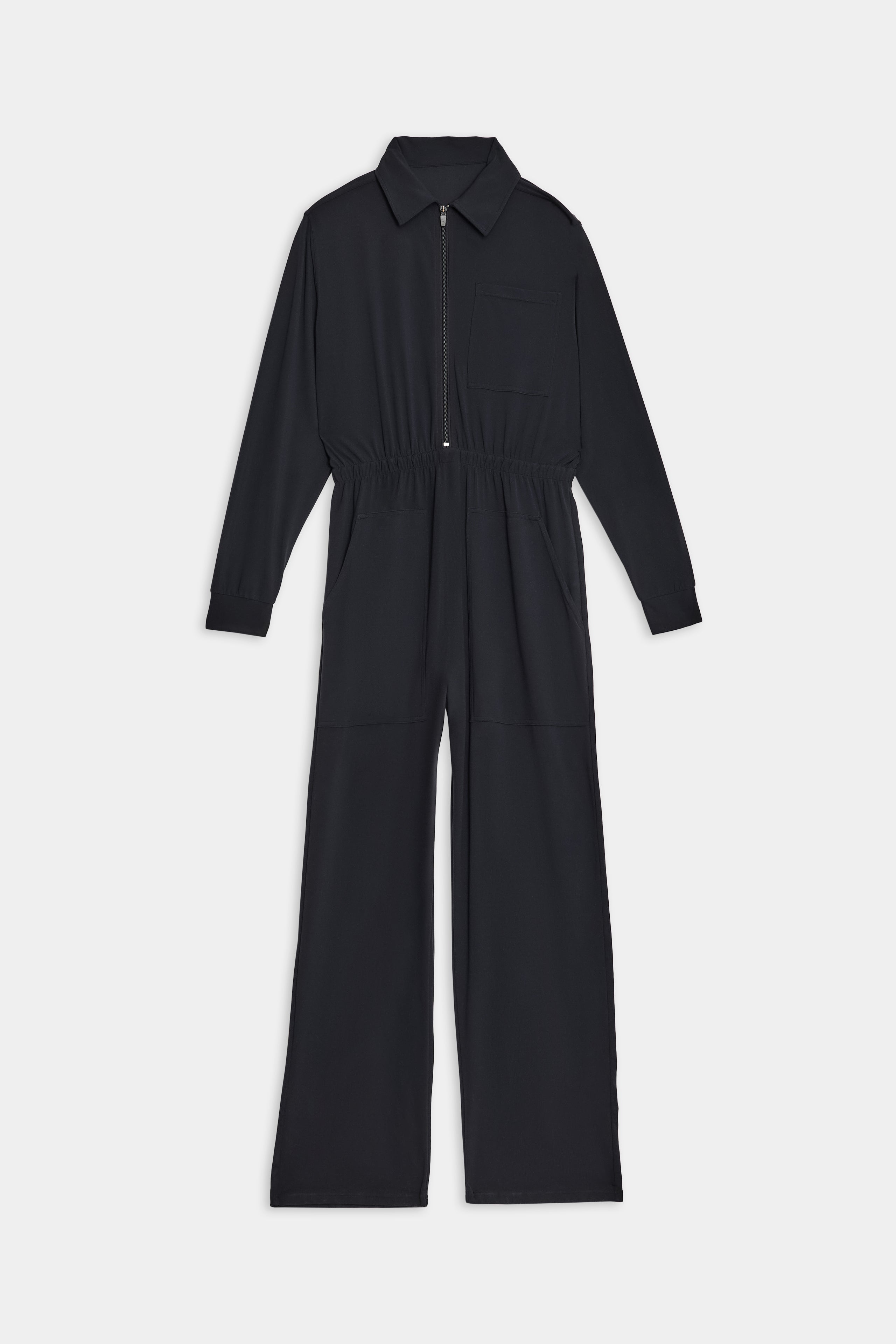 SPLITS59 Ollie Airweight Boiler Suit - Black: This stylish black jumpsuit combines modern style with luxury. It features a front zipper, collar, chest pocket, elastic waistband, and wide legs for an ultra-comfortable fit.