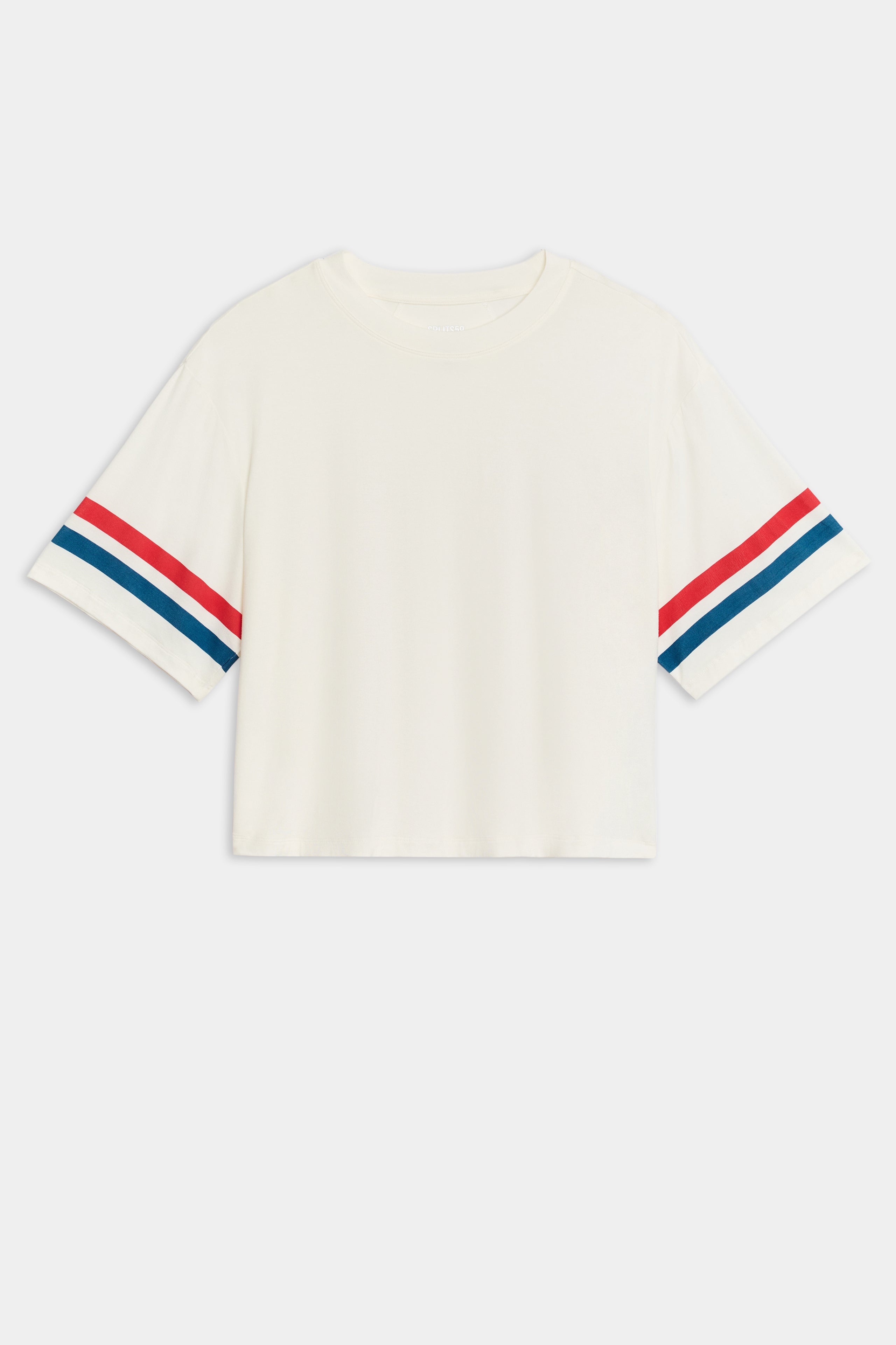 Flat view of a cropped short sleeve white shirt with red and blue stripes on the arm 