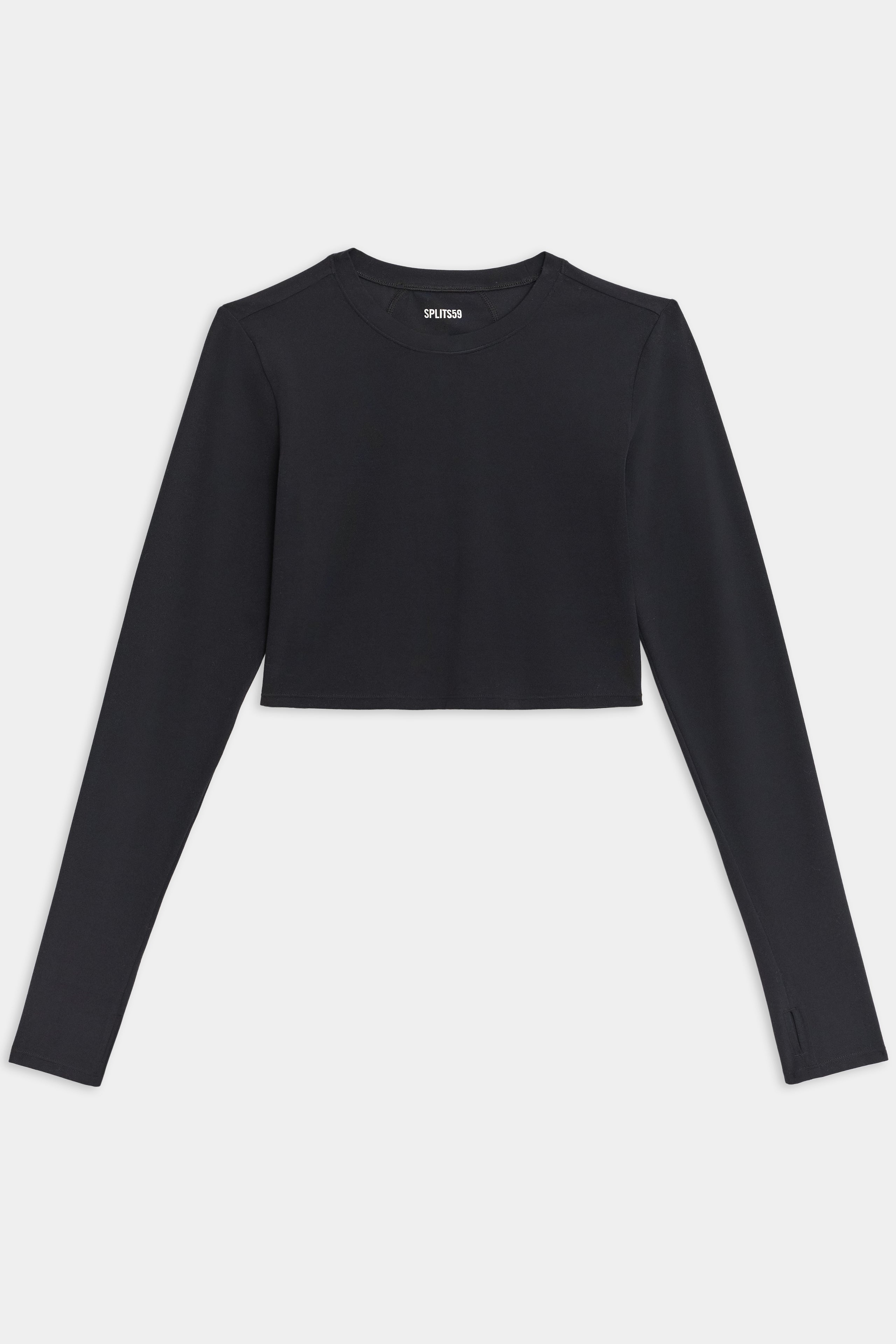 Flat view of black long sleeve crop top