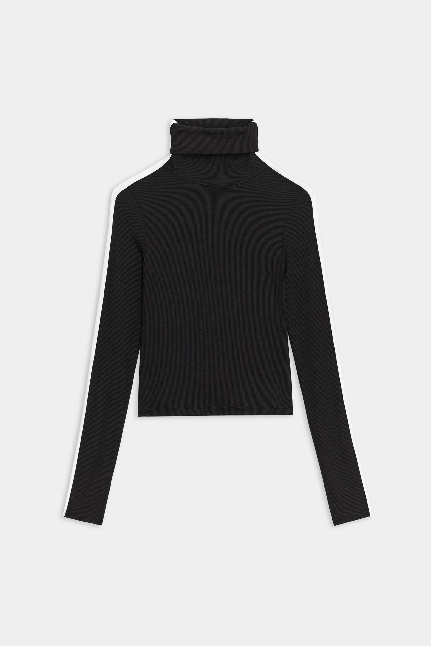 A black SPLITS59 Jackson Rib Full Length Turtleneck top with a white stripe optimized for running coverage.