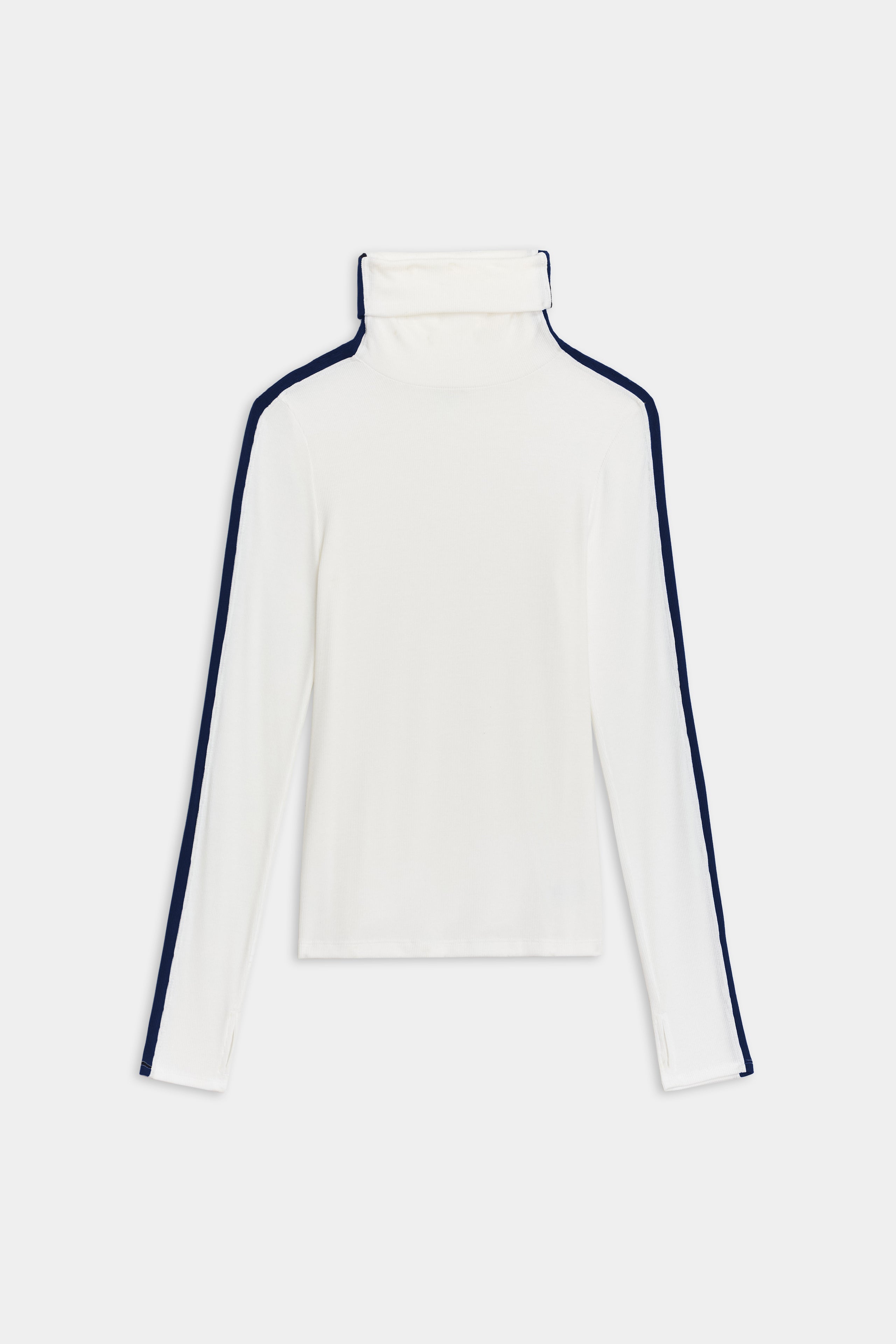 A SPLITS59 Jackson Rib Full Length Turtleneck in White/Indigo.