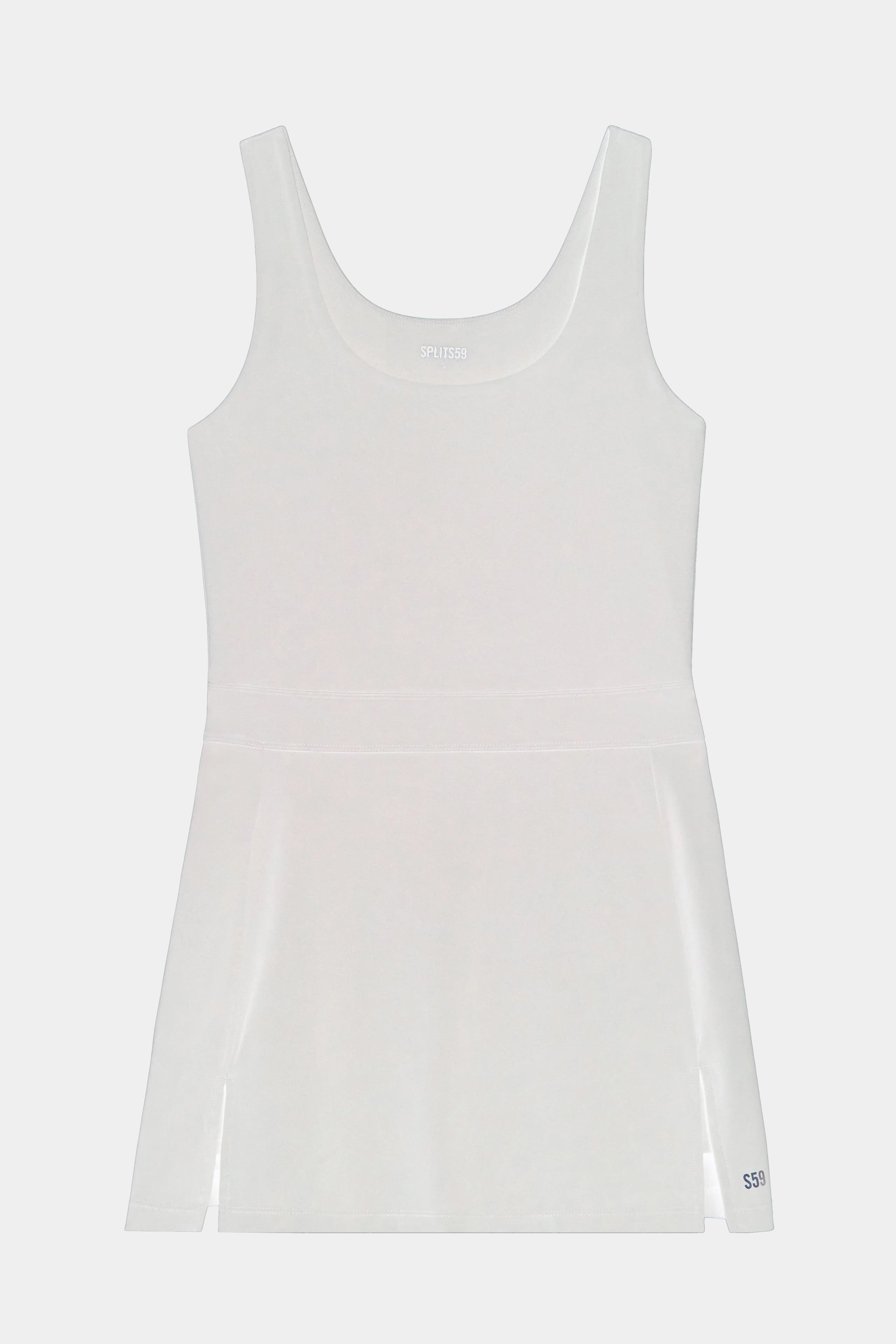 A SPLITS59 white Martina Rigor Dress designed for high impact workouts on a white background.