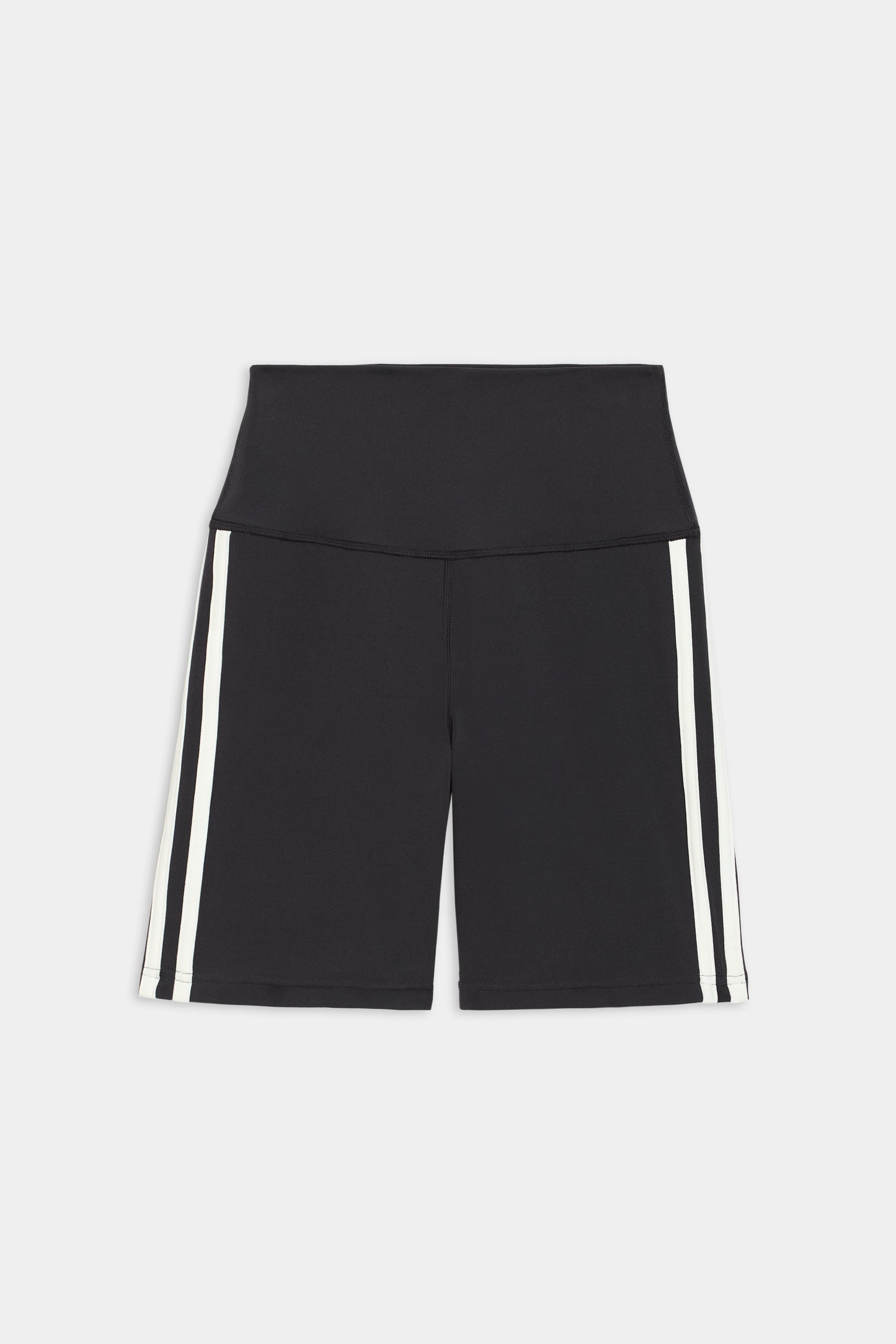 The Ella High Waist Airweight Short by SPLITS59, in graphite with white, boasts ultra-luxe fabric and sleek side stripes, shown on a white background.