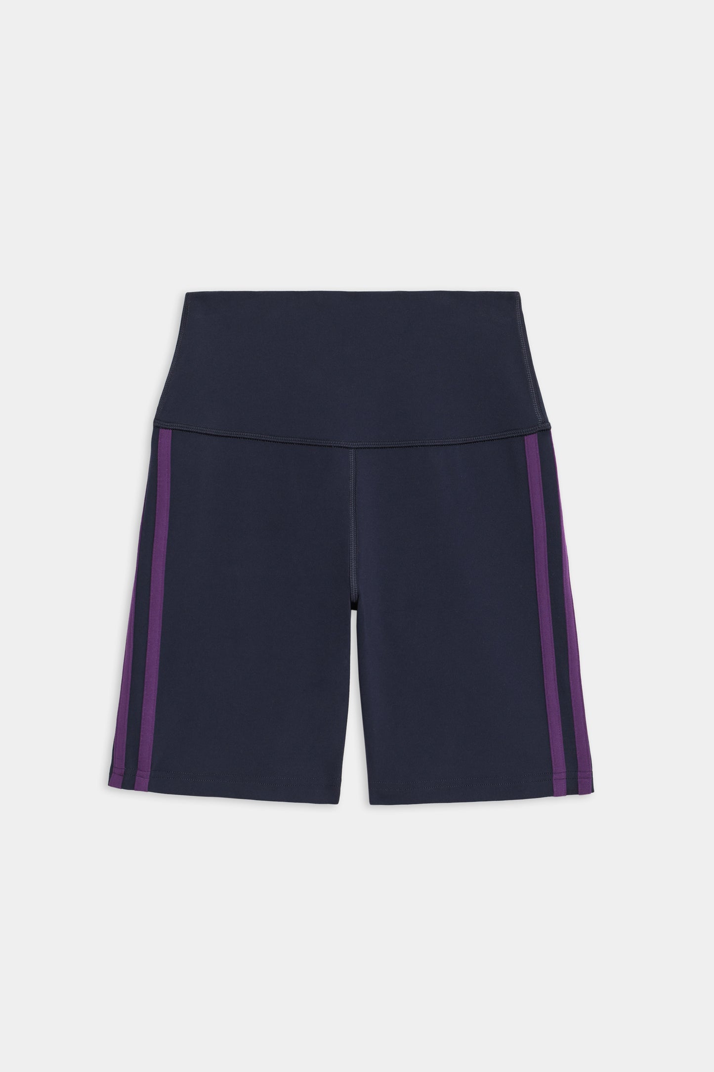 The Ella High Waist Airweight Short by SPLITS59, in Indigo/Black Currant, features a high waist design with purple side stripes on a sophisticated black fabric against a white background.