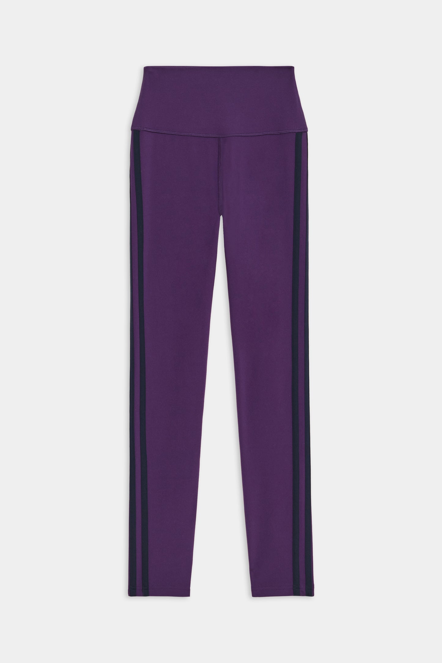 The SPLITS59 Ella High Waist Airweight 7/8 leggings in purple feature a high waistband and two vertical black stripes on the sides.