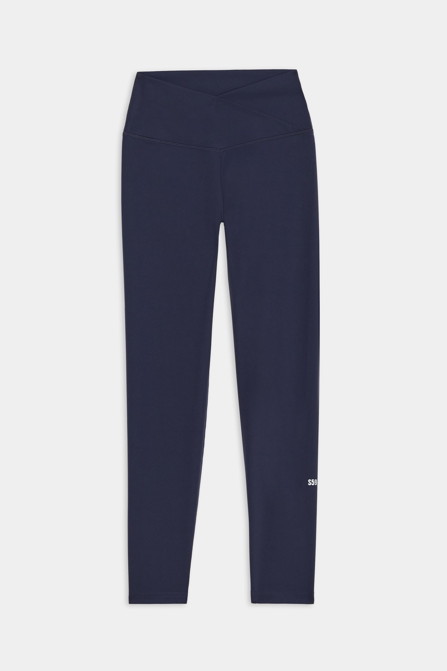 The SPLITS59 Mia Rigor 7/8 leggings in indigo have a performance fit, high-waist design, and feature a small logo on the left thigh, set against a light gray background.