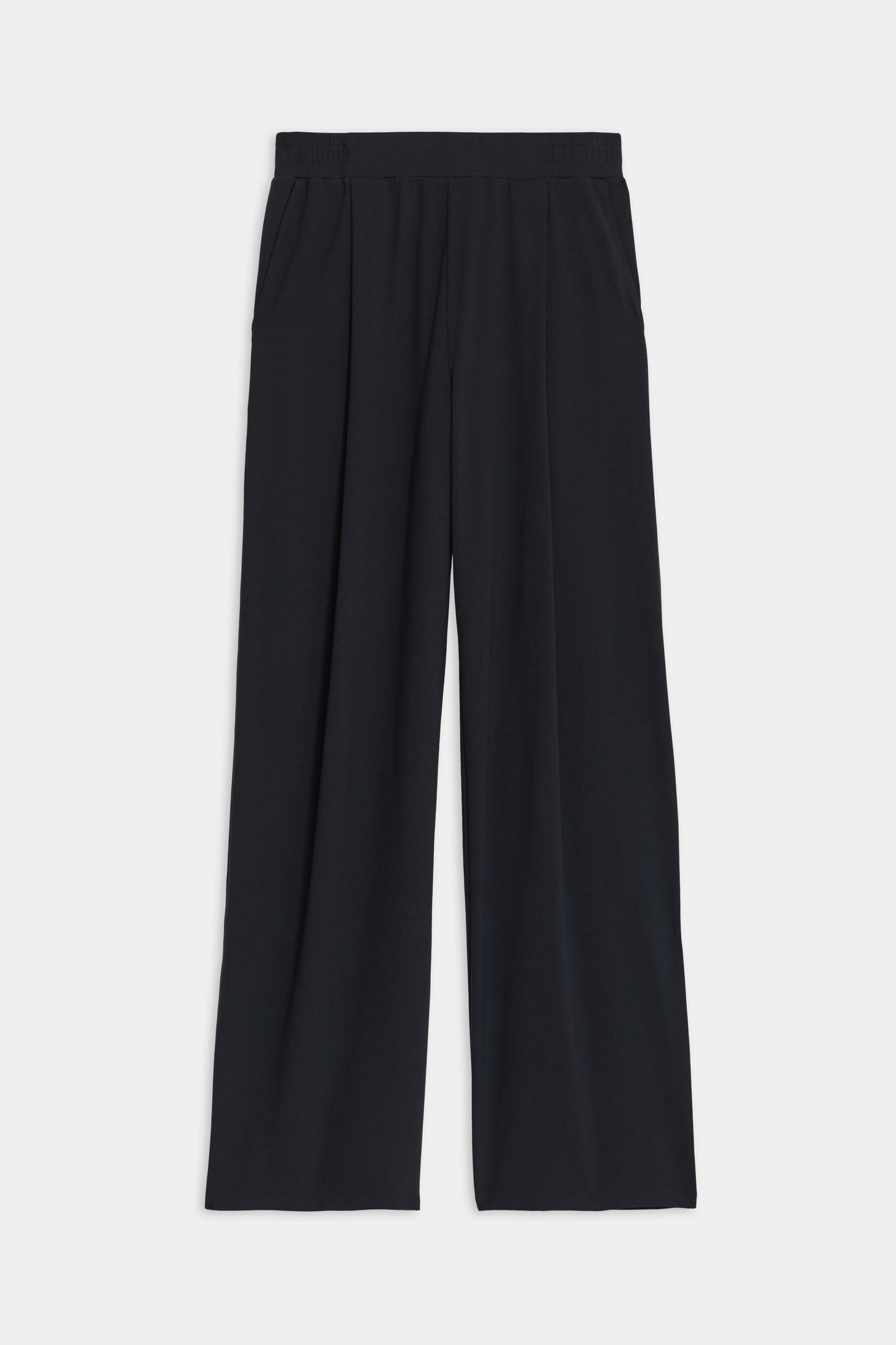 Enjoy refined comfort with the SPLITS59 Lucas Airweight Trouser. Made from premium Airweight fabric, these black wide-leg pants feature an elastic waistband and side pockets, ensuring sleek style on a simple white background.