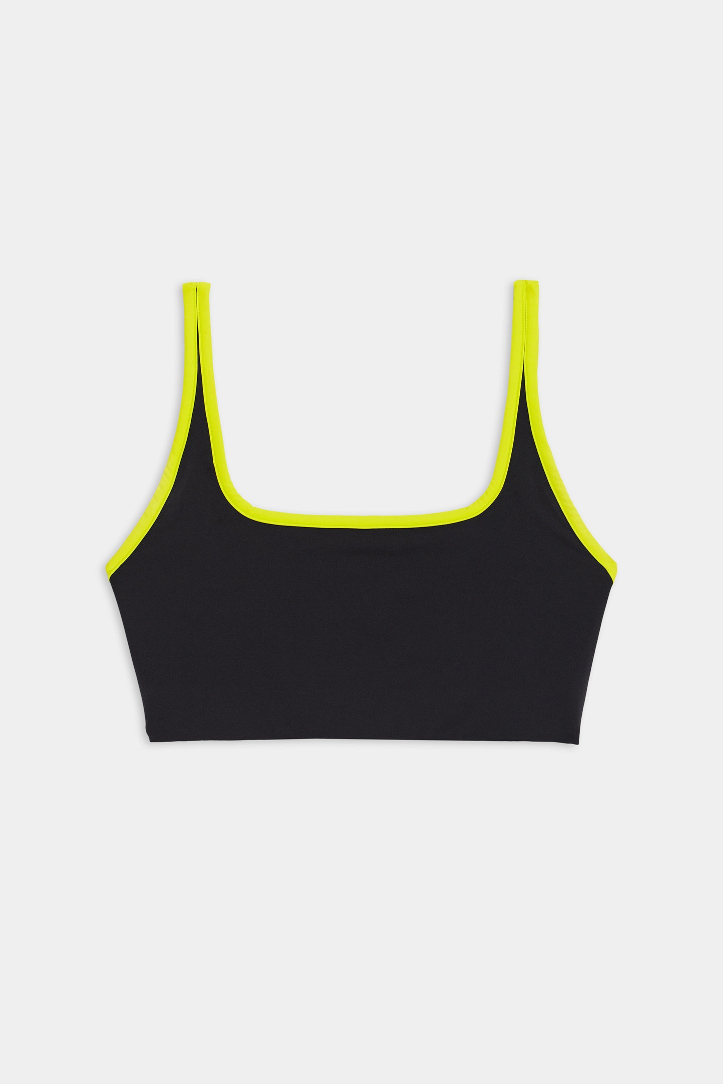 The SPLITS59 Cait Rigor Bra in Black/Chartreuse, perfect for high-impact workouts, is showcased against a white background.