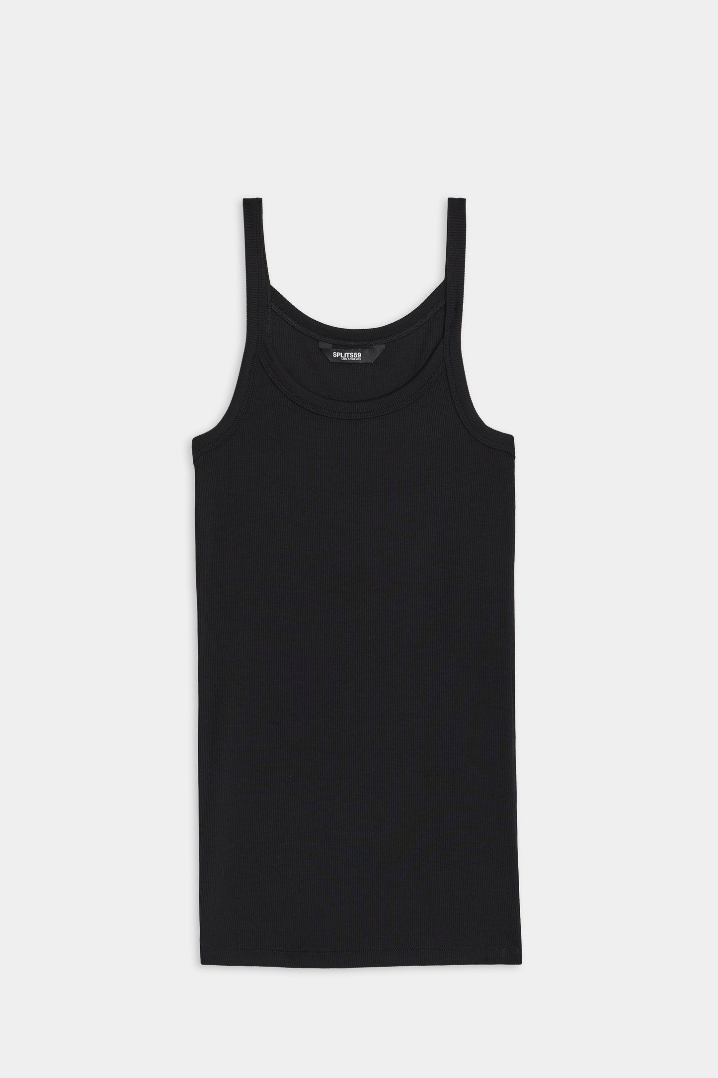 The Charlie Rib Tank - Black by SPLITS59 is displayed flat on a white background, featuring a sleeveless design with spaghetti straps.