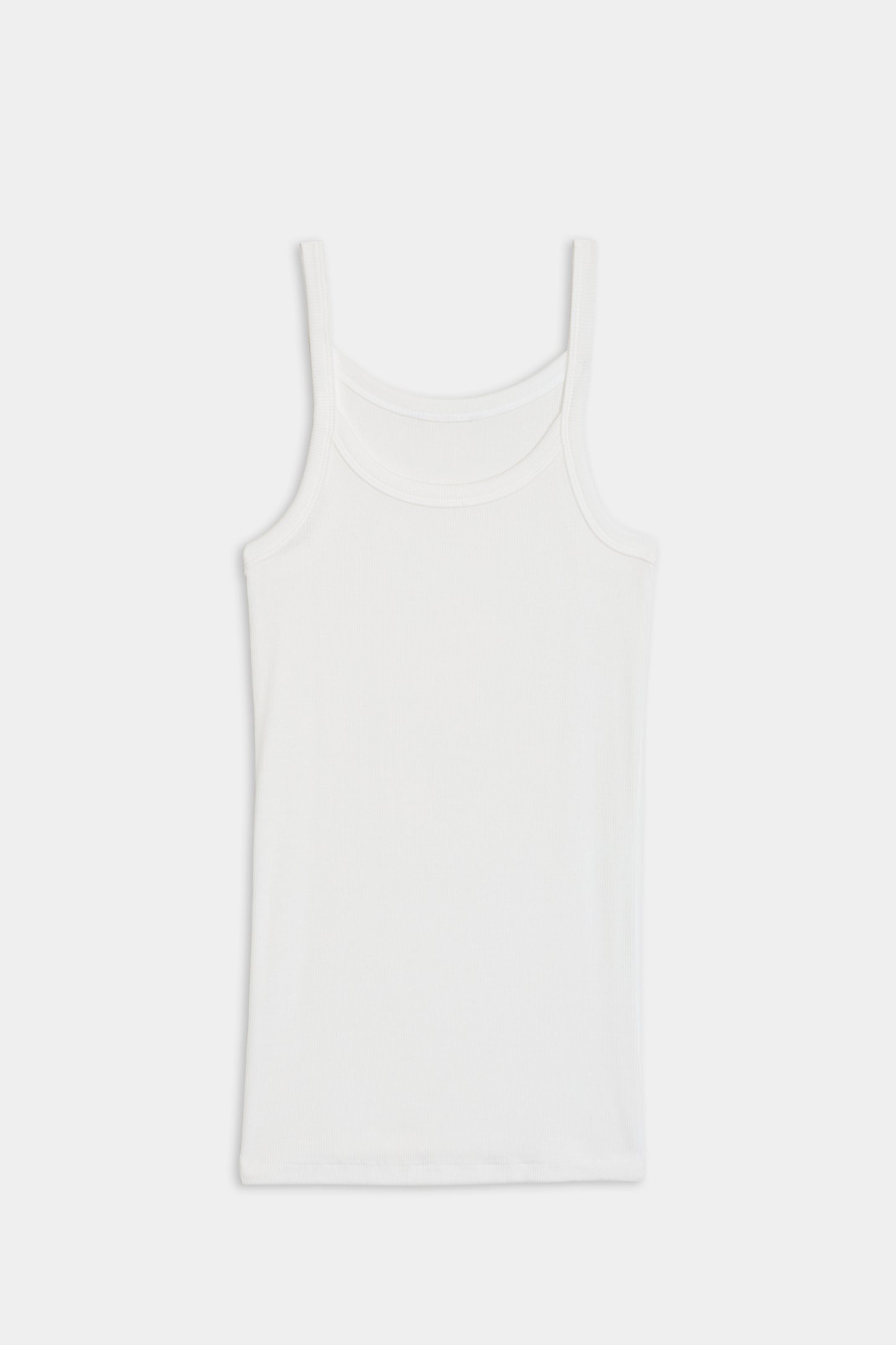 The Charlie Rib Tank - White by SPLITS59, a sleeveless top with spaghetti straps, is laid flat on a plain background and proudly made in Los Angeles.