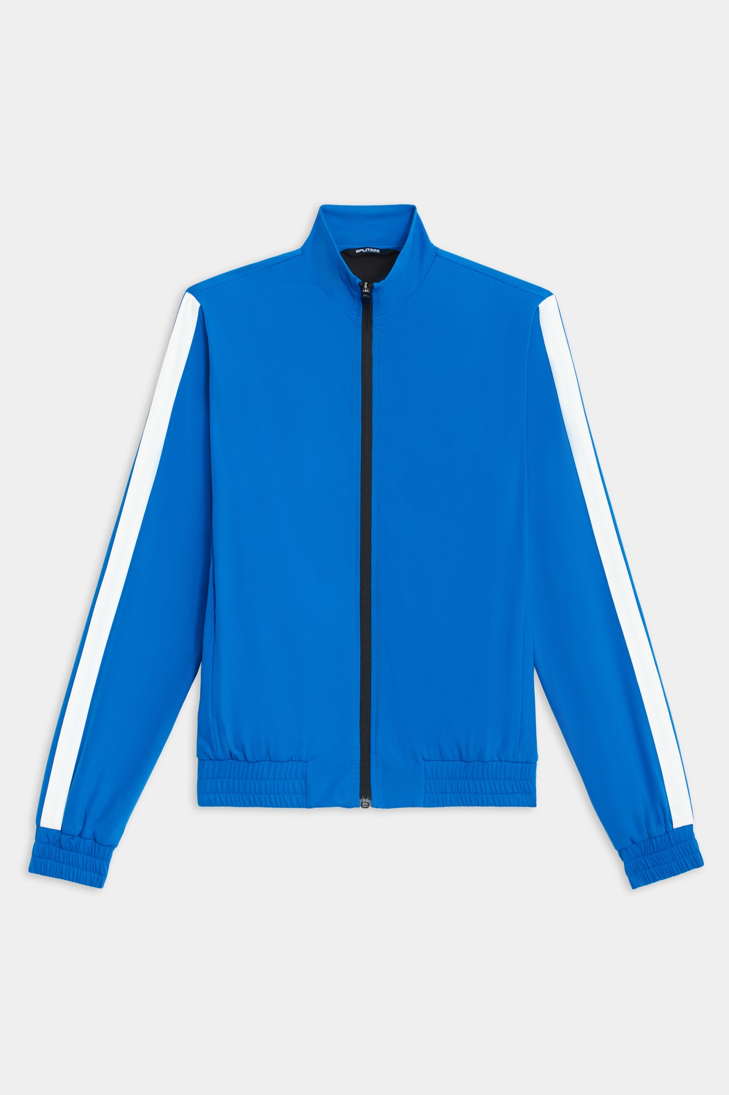 The Max Rigor Track Jacket by SPLITS59 features a blue design with white sleeve stripes, a front zipper, and ribbed cuffs.