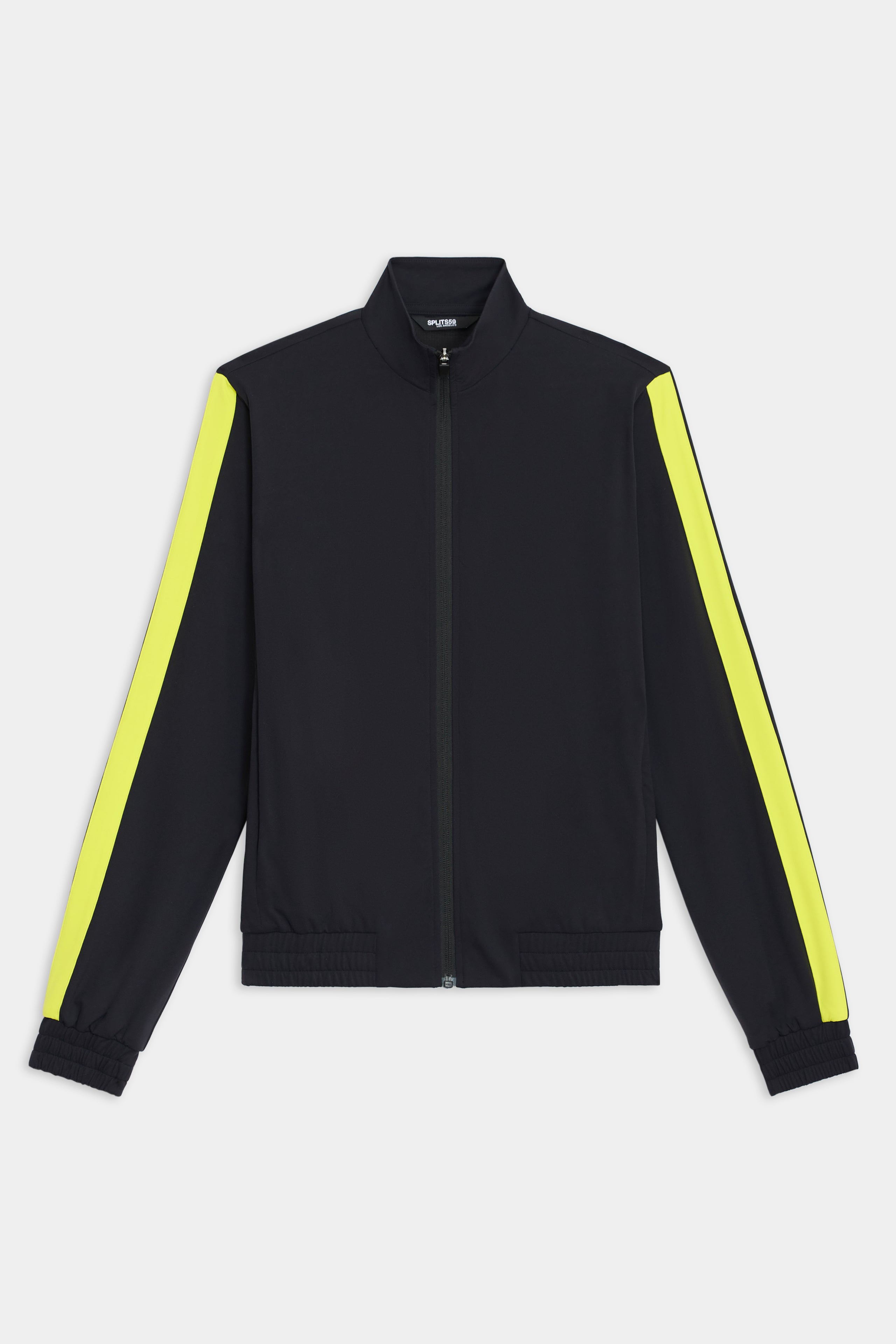 Discover the SPLITS59 Max Rigor Track Jacket in Black/Chartreuse, boasting bold yellow stripes on the sleeves, a full zip, and a high collar. Made from premium Rigor fabric for ultimate comfort and style, it pairs seamlessly with the Max Rigor Track Pant.