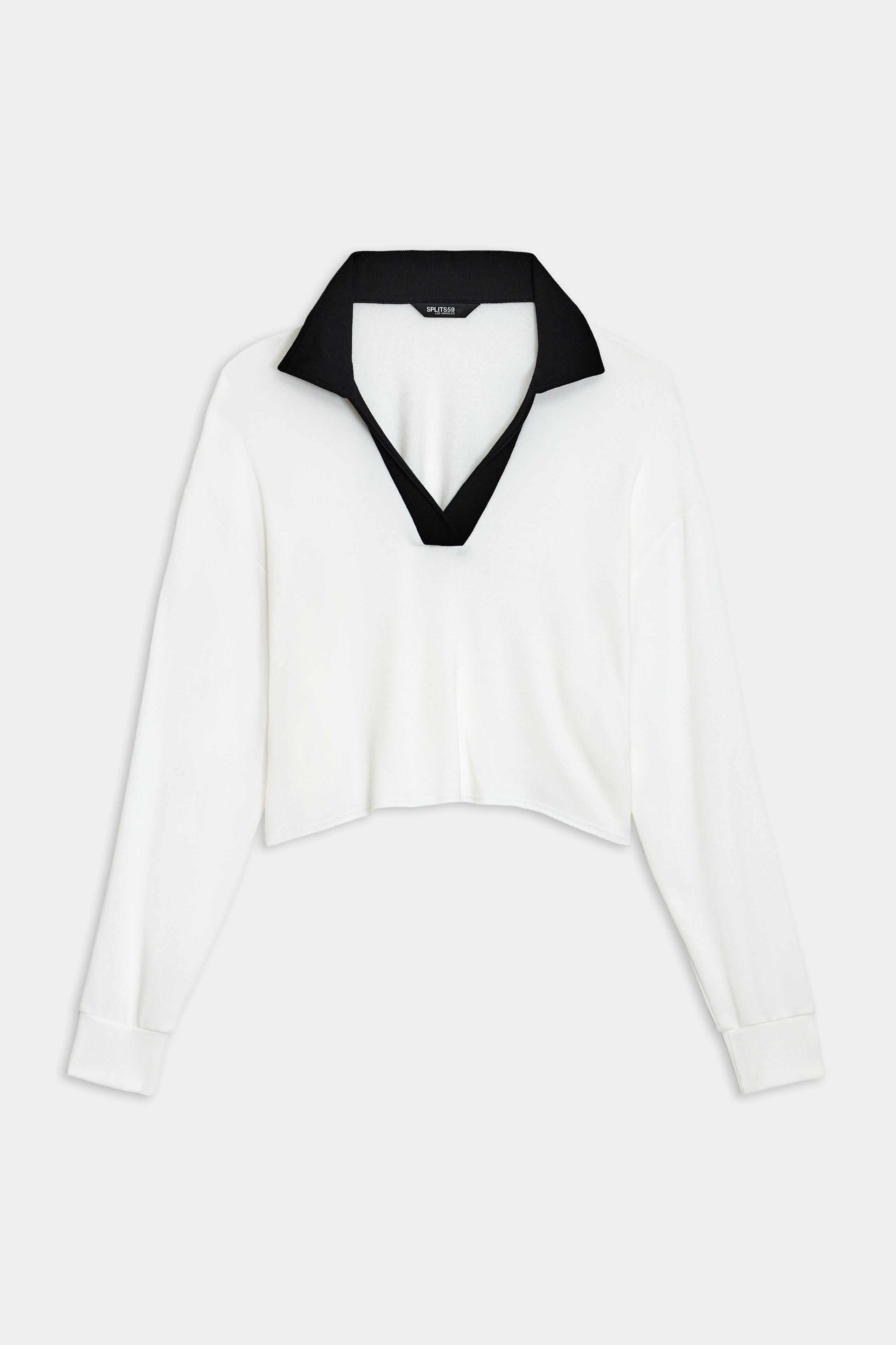 SPLITS59's Joan Fleece Polo Sweatshirt, featuring a black V-neck collar, is displayed flat on a white background.