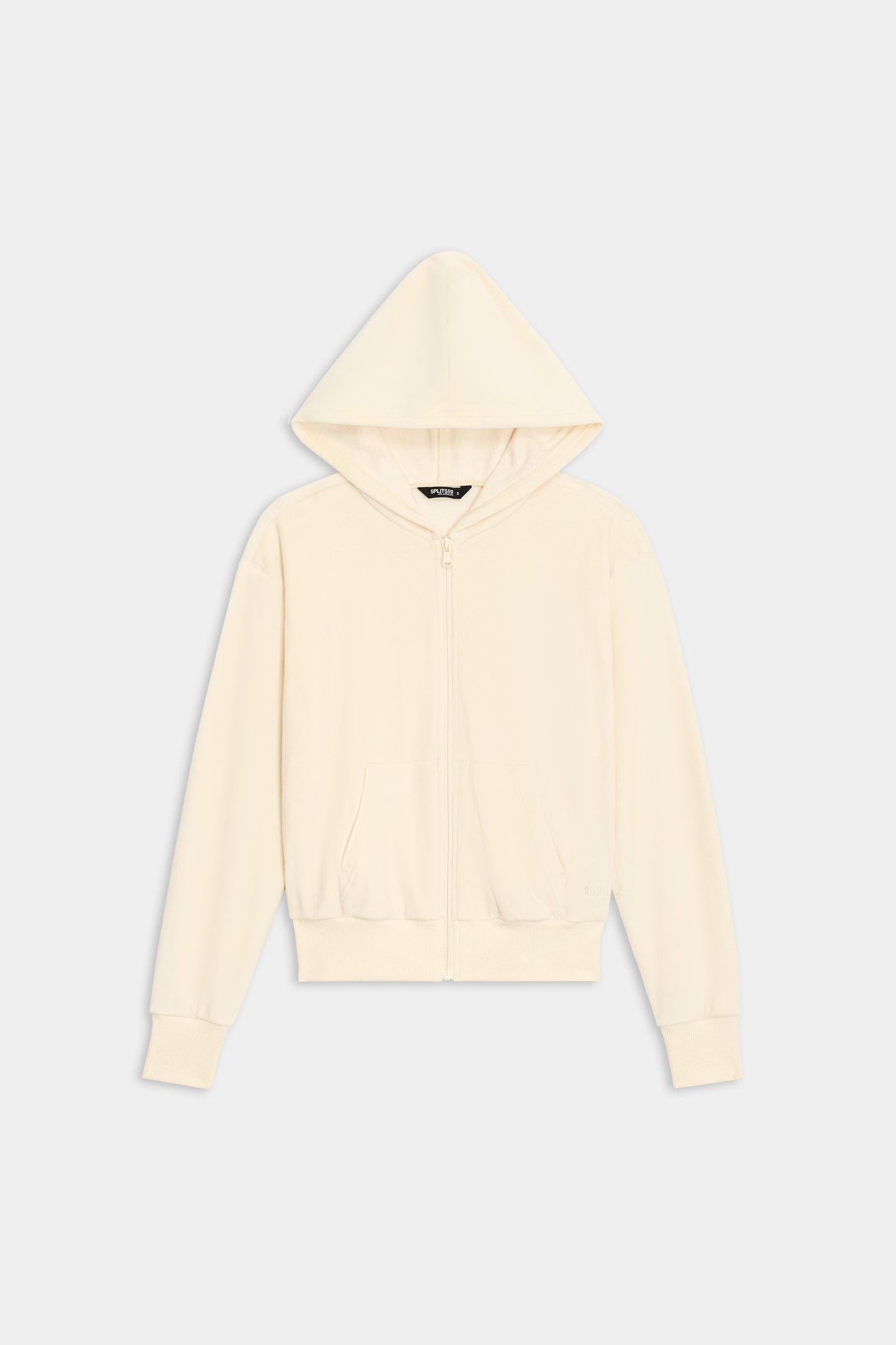 The Rhys Velour Zip Up Hoodie by SPLITS59 is cream-colored with a hood and long sleeves, displayed against a plain white background.