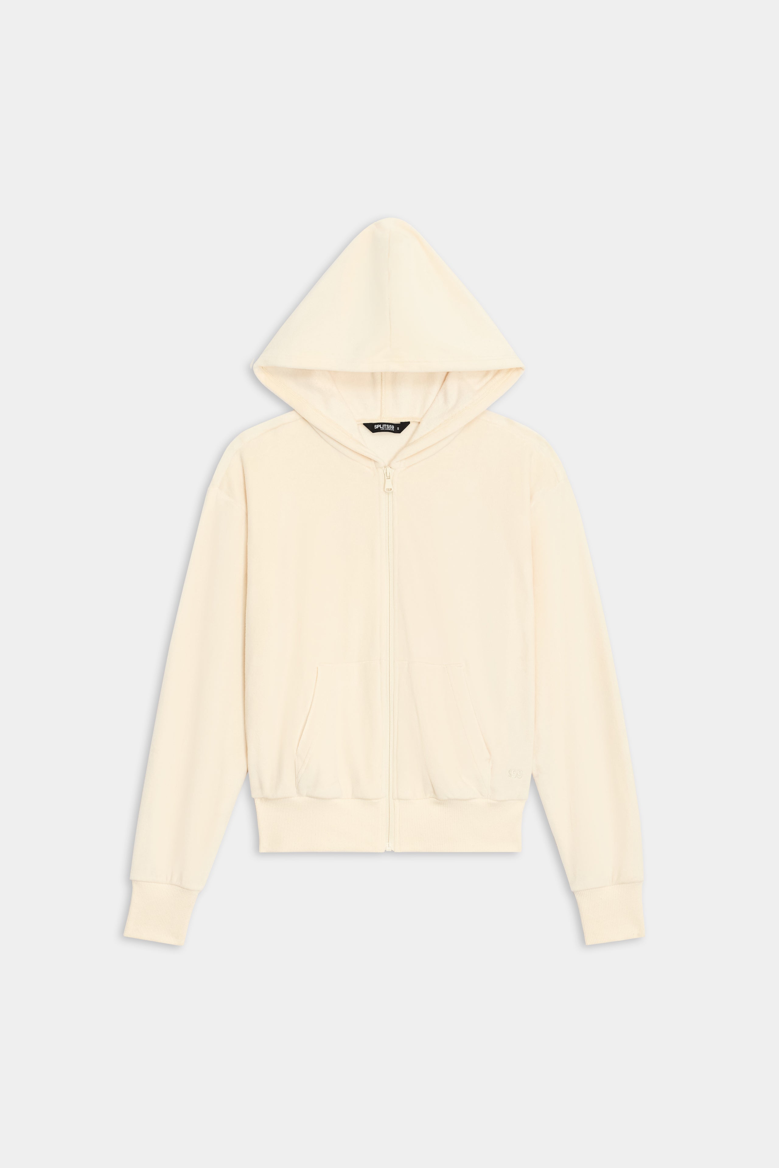 The Rhys Velour Zip Up Hoodie by SPLITS59 is cream-colored with a hood and long sleeves, displayed against a plain white background.