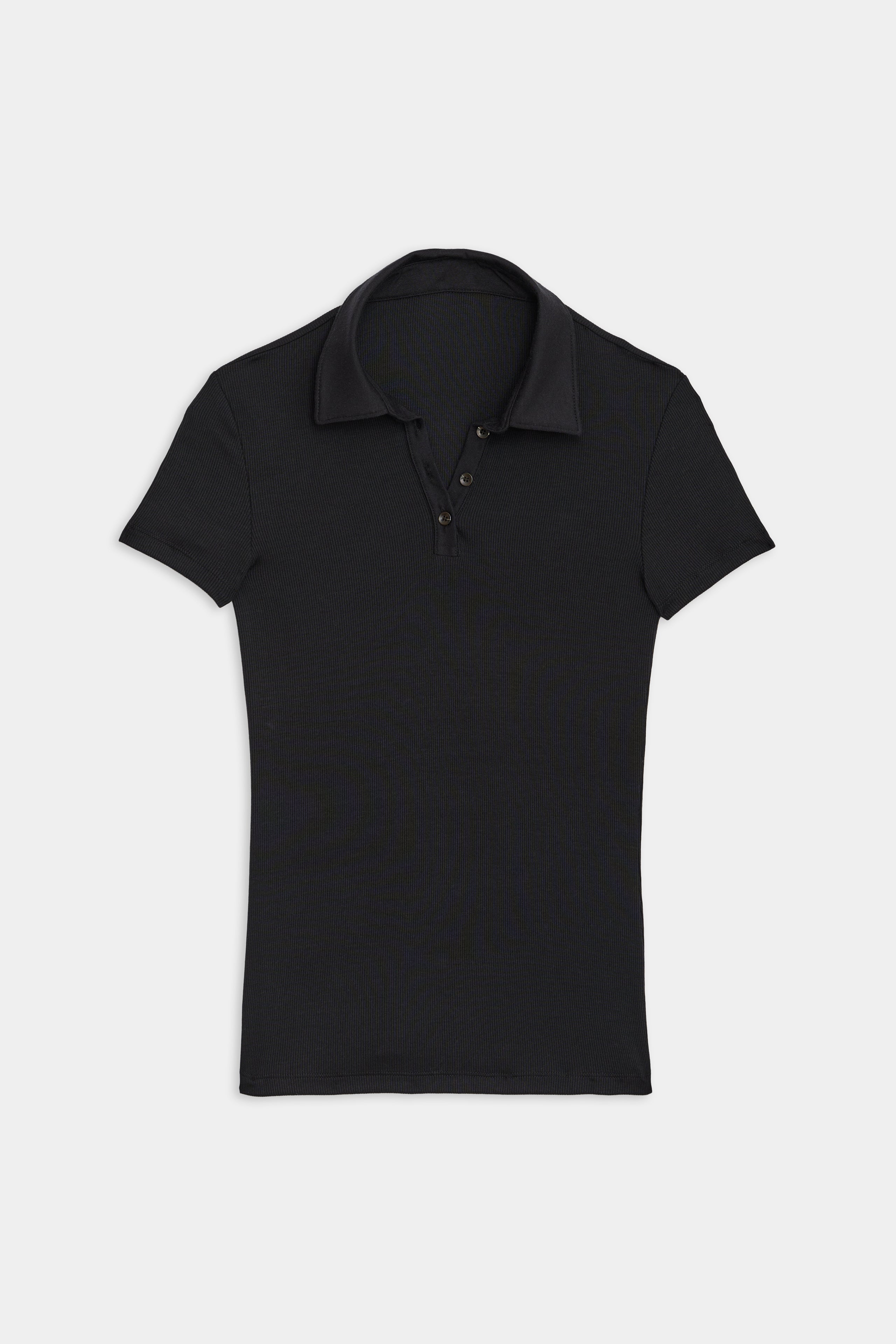 Talia Rib Polo in Black modal fabric by SPLITS59 on a white background.