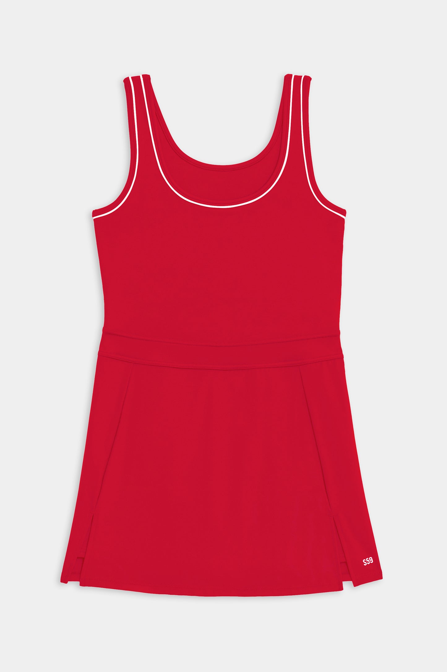 The SPLITS59 Martina Rigor Dress w/Piping - Pirate Red is a red sleeveless dress with white piping details around the neckline and armholes, featuring a waistband and slight flare at the bottom. Crafted from our durable Rigor fabric, it's perfect for high impact workouts and stylish outings alike.