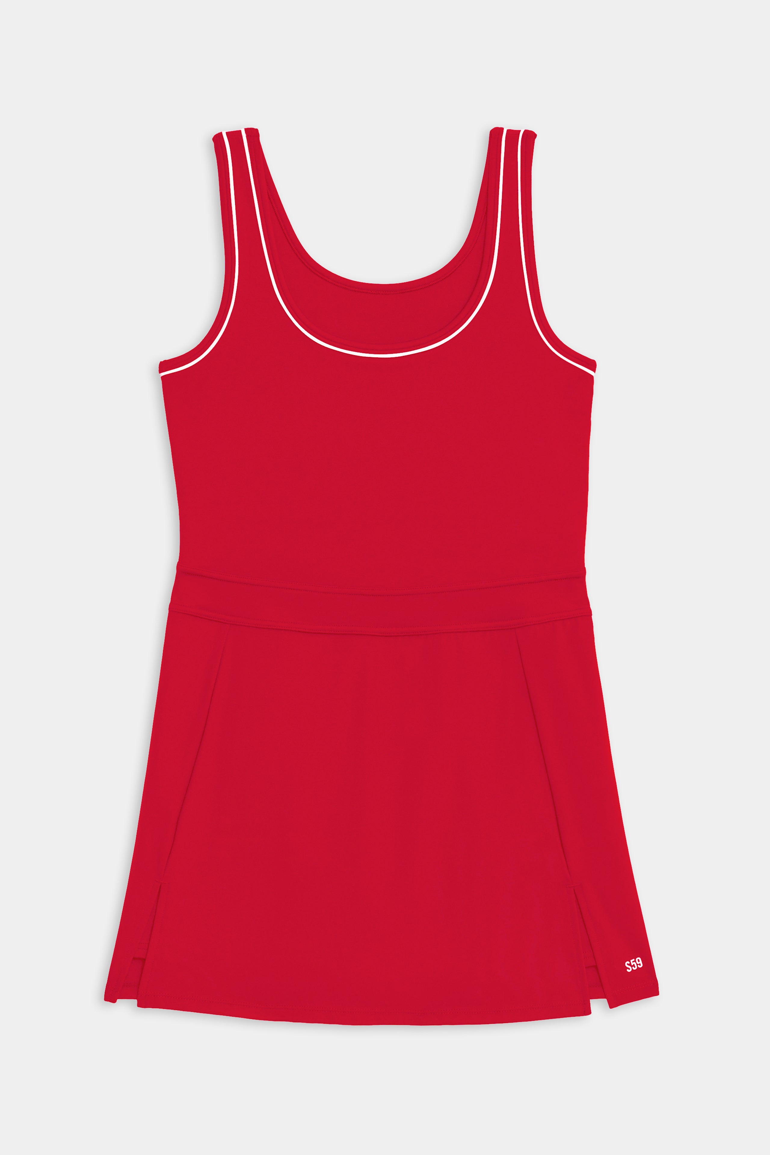 The SPLITS59 Martina Rigor Dress w/Piping - Pirate Red is a red sleeveless dress with white piping details around the neckline and armholes, featuring a waistband and slight flare at the bottom. Crafted from our durable Rigor fabric, it's perfect for high impact workouts and stylish outings alike.