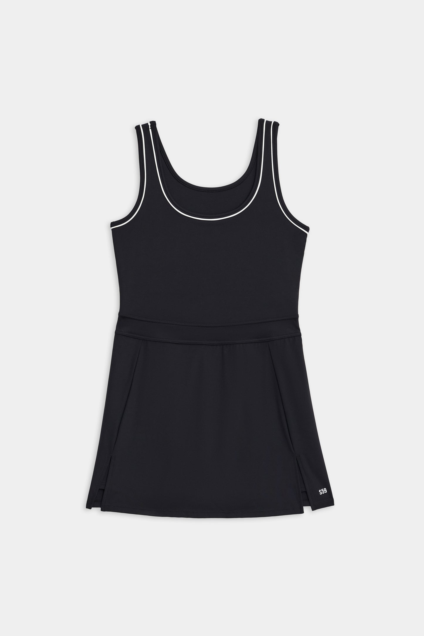 Introducing the SPLITS59 Martina Rigor Dress w/Piping - Black: a black sleeveless tennis dress with white piping along the neckline and armholes. Crafted from durable Rigor fabric, it features a fitted bodice and an A-line skirt, perfect for court sports.