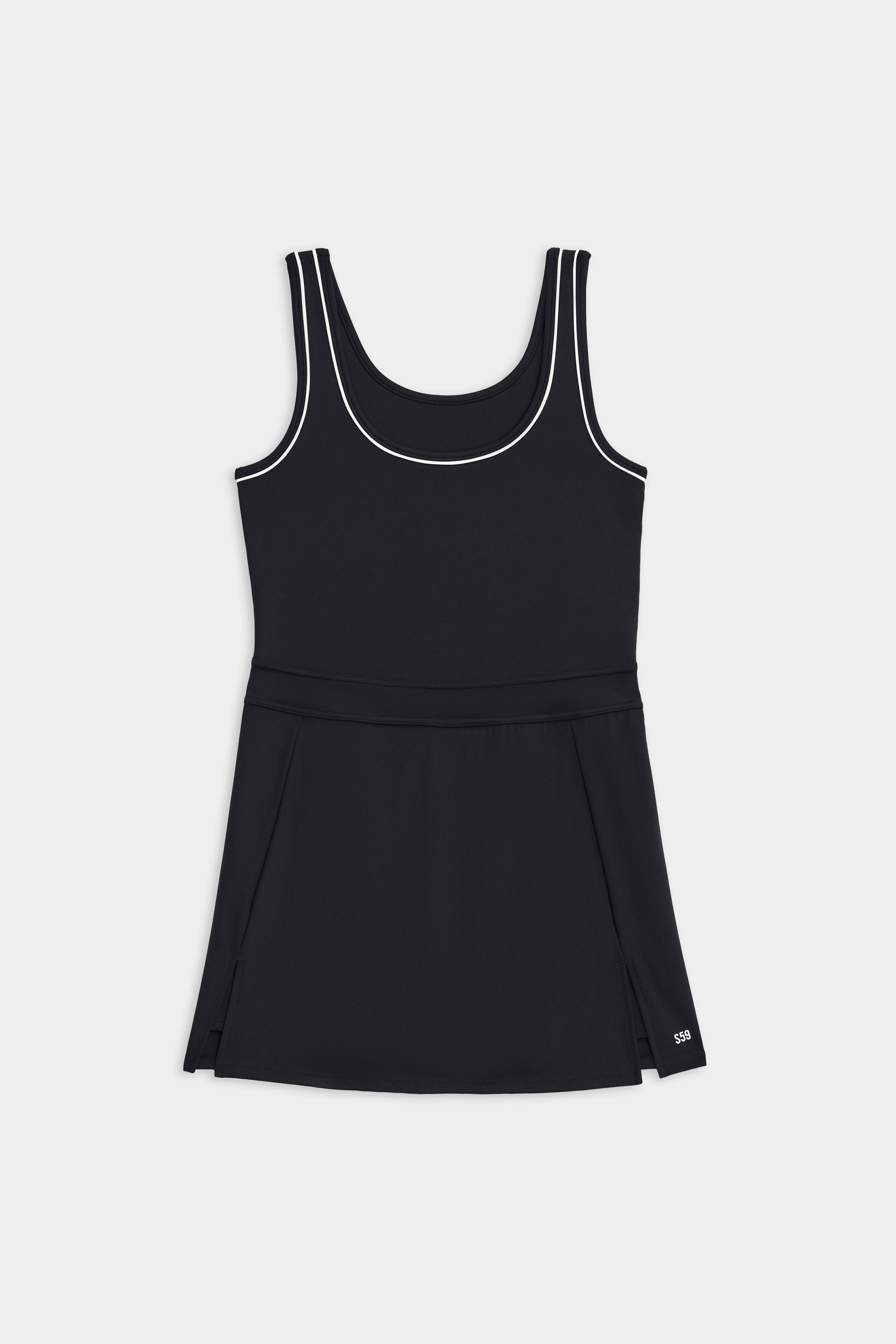 Introducing the Martina Rigor Dress w/Piping - Black, a sleeveless black piece with white piping around the neckline and shoulders. It features a flared skirt and a small white logo on the lower right, crafted from Rigor fabric for durability during high impact workouts by SPLITS59.