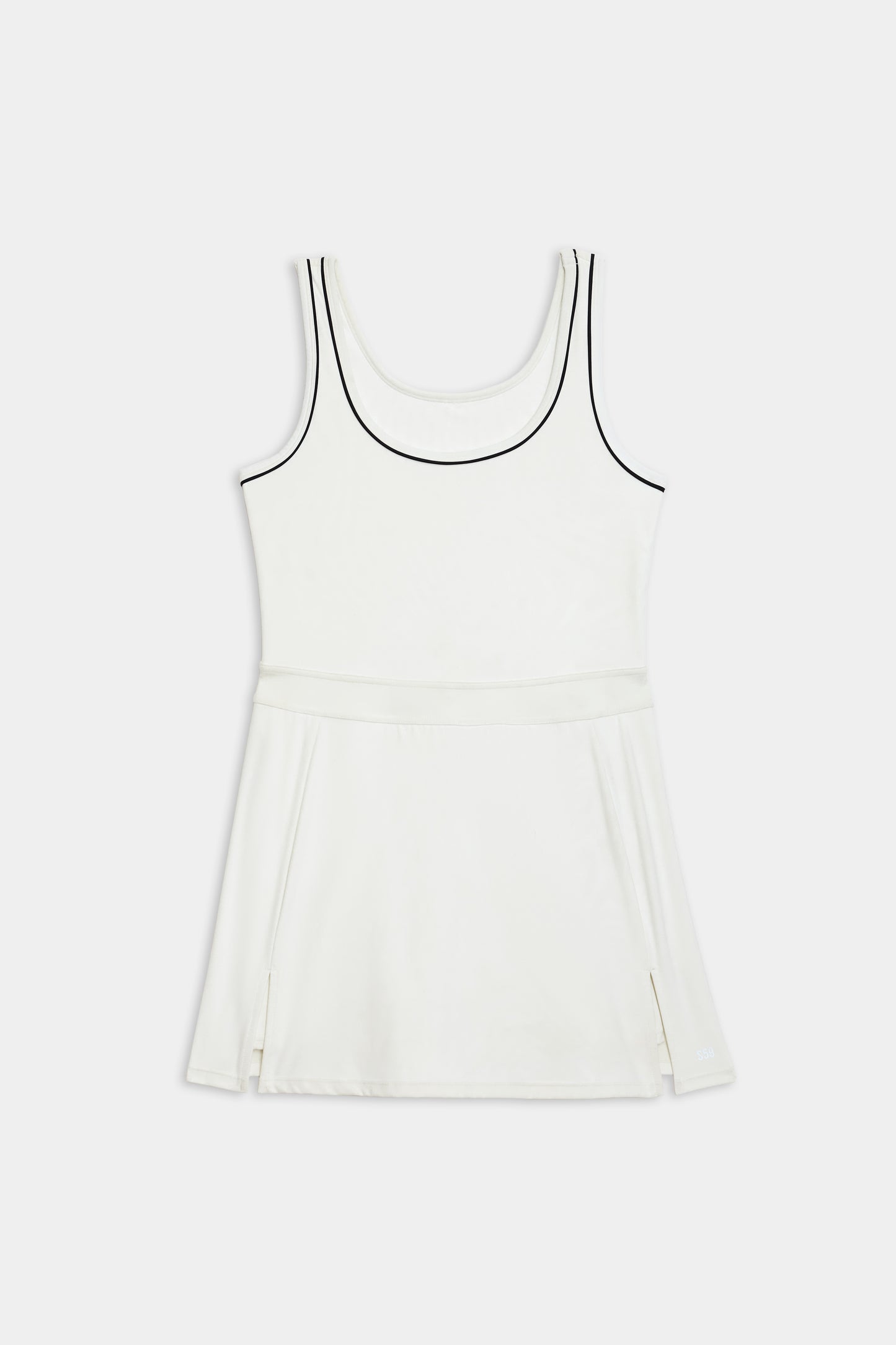 The SPLITS59 Martina Rigor Dress w/Piping - White is a sleeveless white tennis dress with black piping along the neckline and armholes, tailored from Rigor fabric. It features a fitted waist and slightly flared skirt, perfect for court sports.