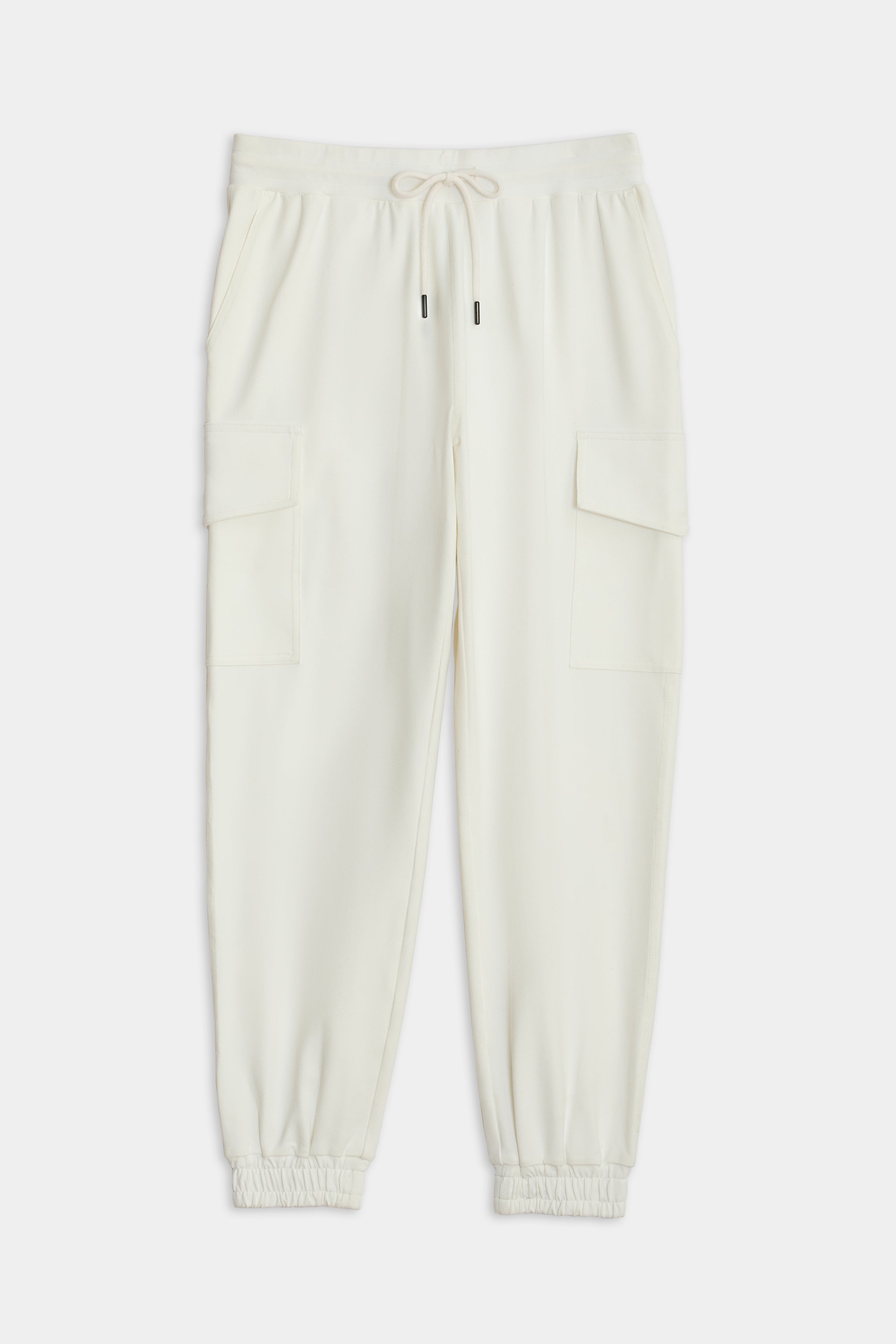 SPLITS59's Supplex Cargo Pant in White with drawstring waist and side pockets.