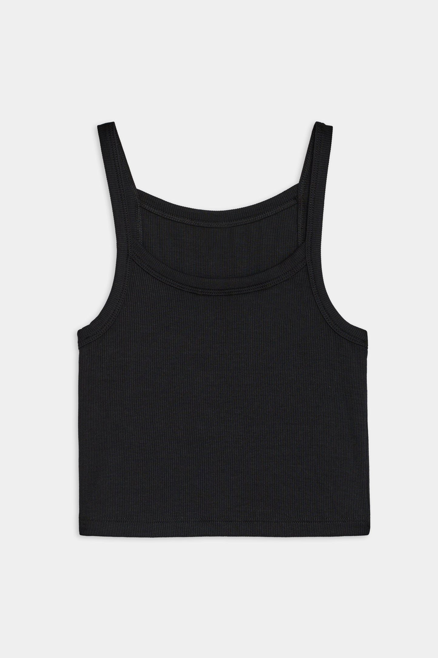 Flat view of black ribbed square neck tank top