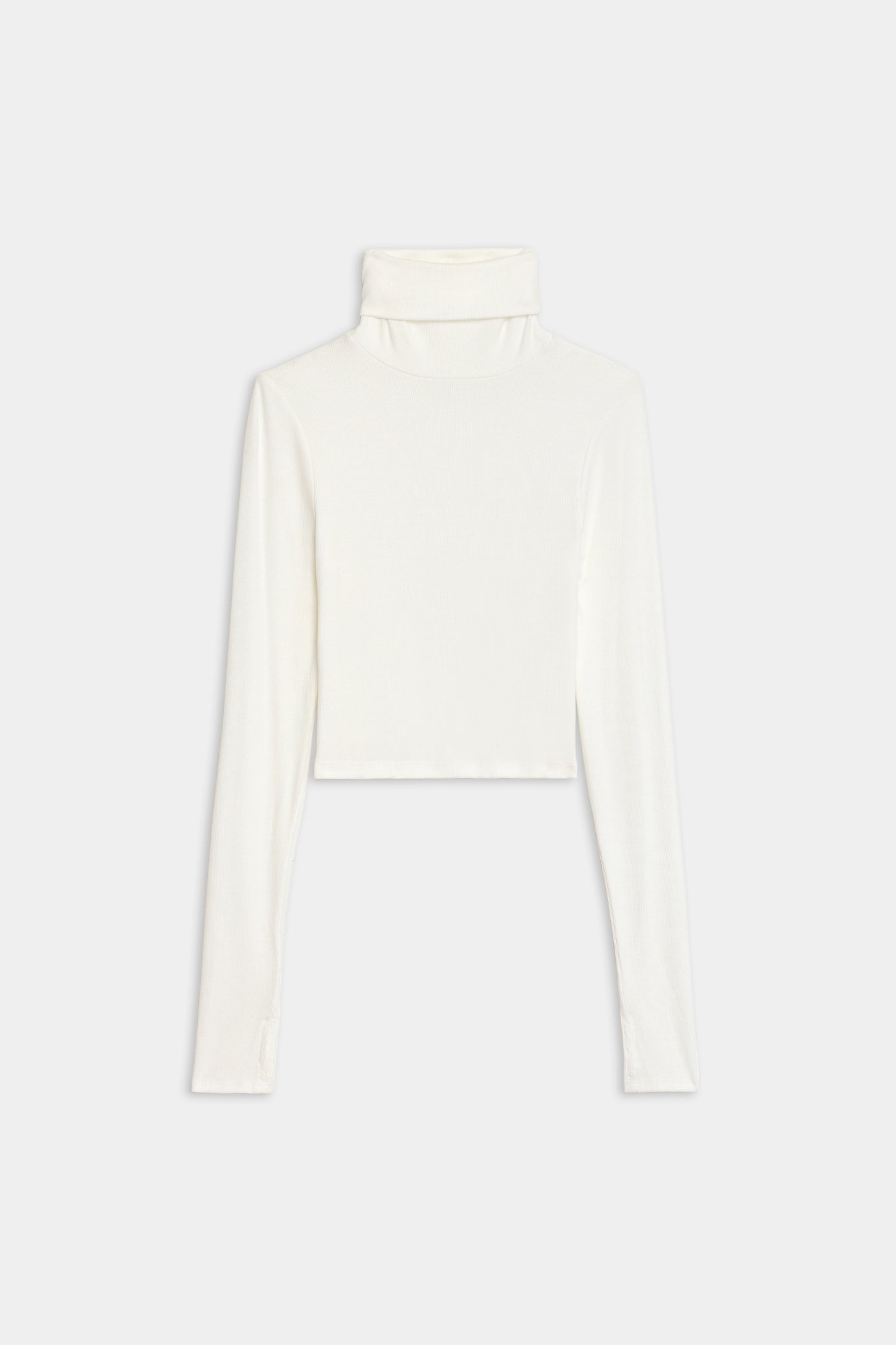 A white SPLITS59 Jackson Rib Cropped Turtleneck top on a white background.