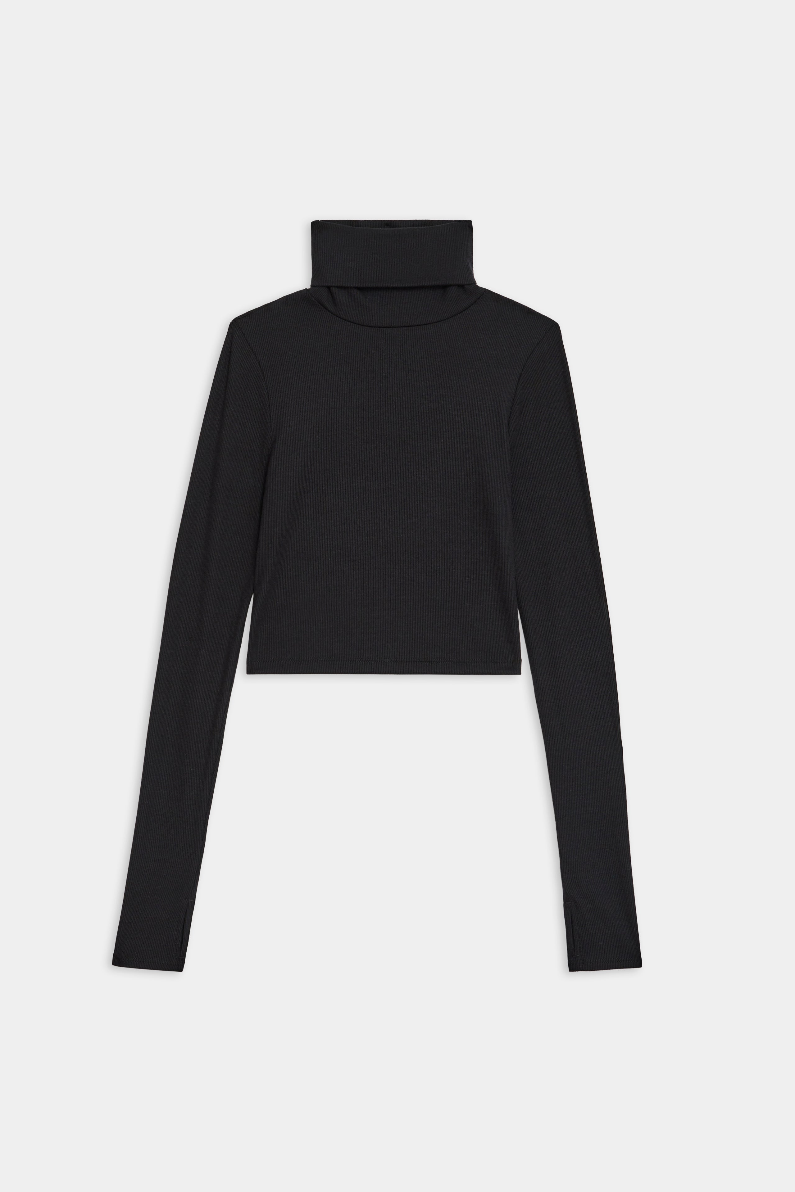 A black SPLITS59 Jackson Rib Cropped Turtleneck top on a white background.