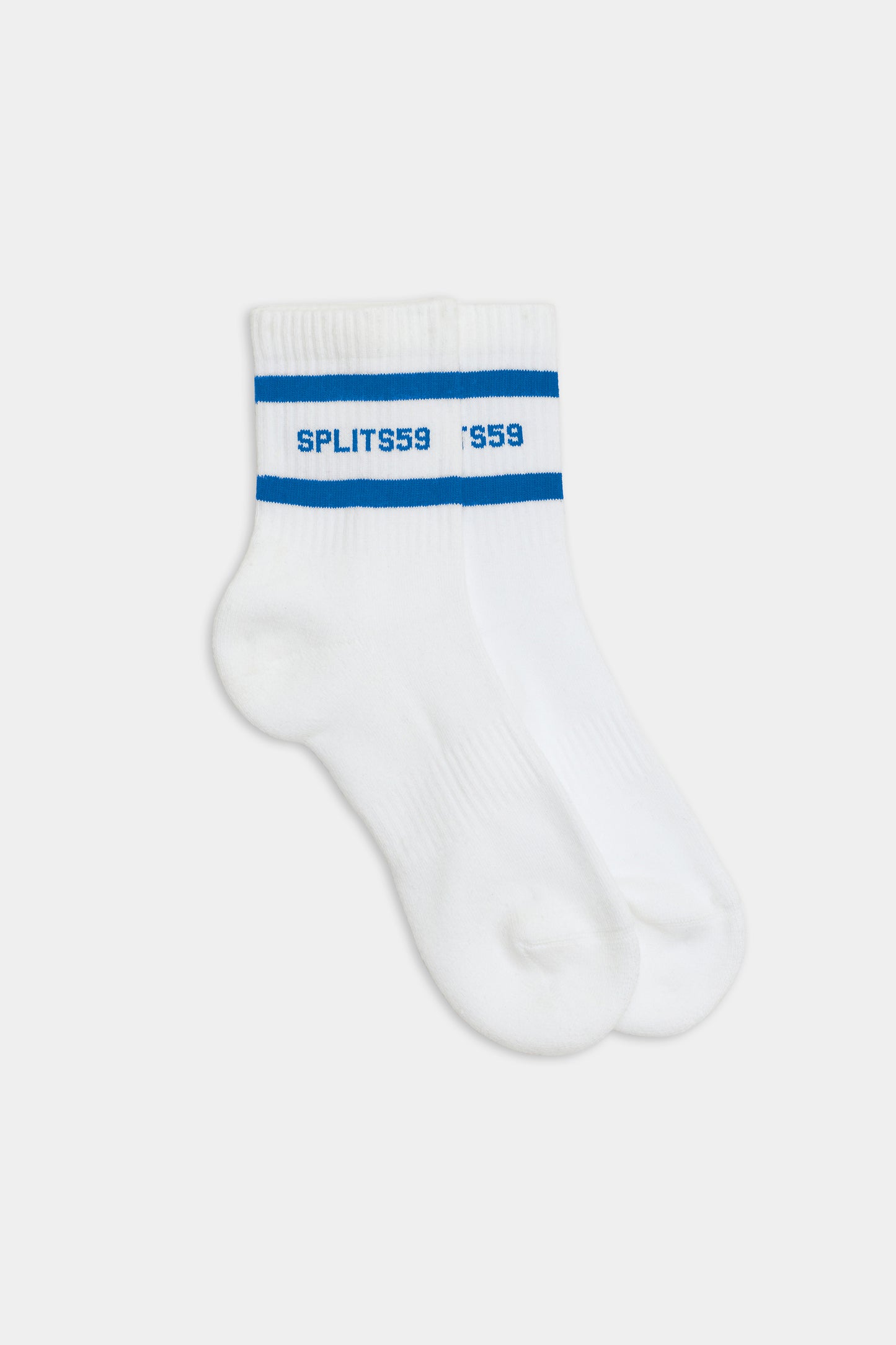 A pair of Logo Stripe Quarter Socks by SPLITS59 in white with blue stripes and "SPLITS59" text near the top.