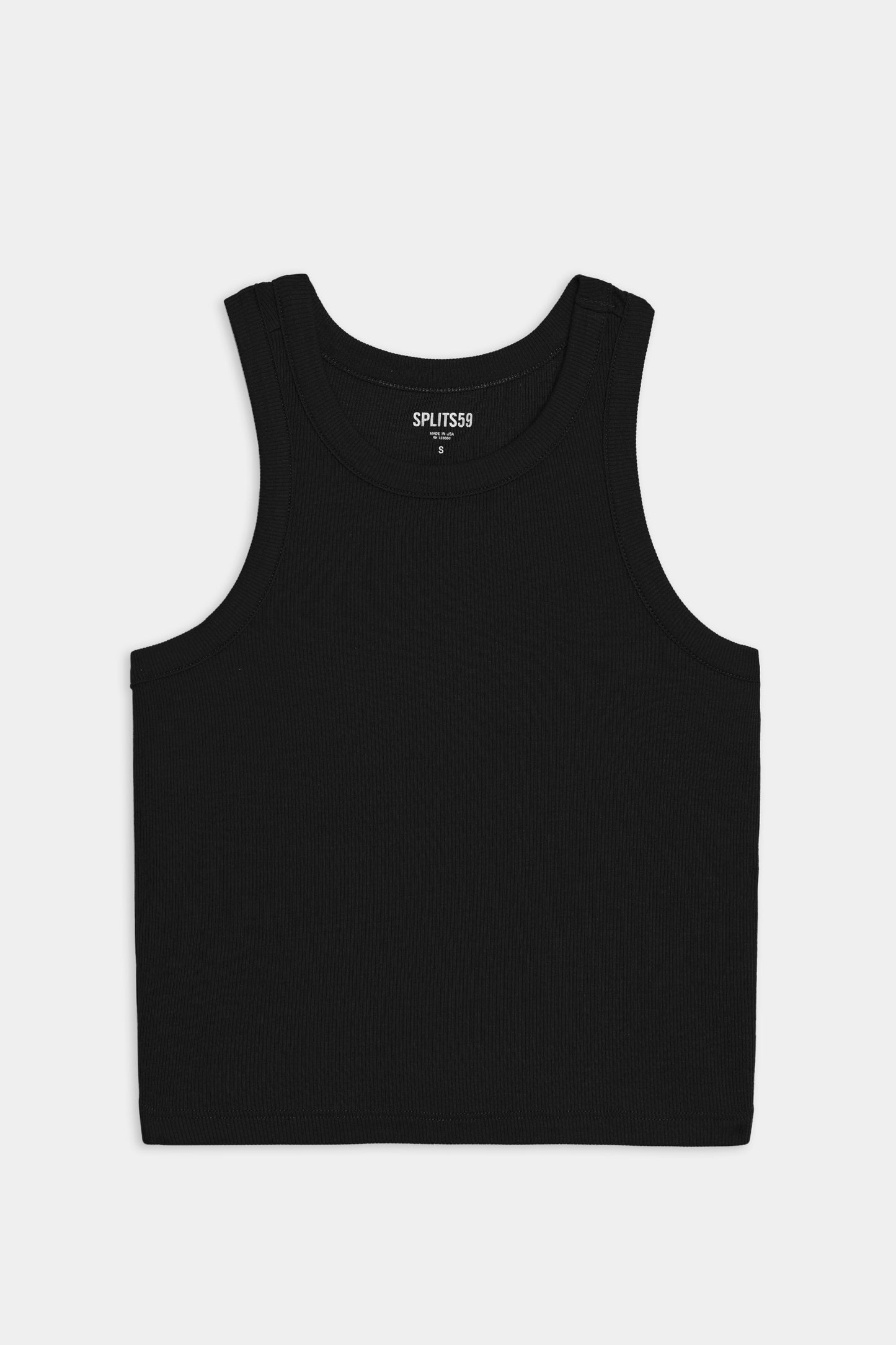 A SPLITS59 Kiki Rib Crop Tank in black on a white background, perfect for gym workouts.