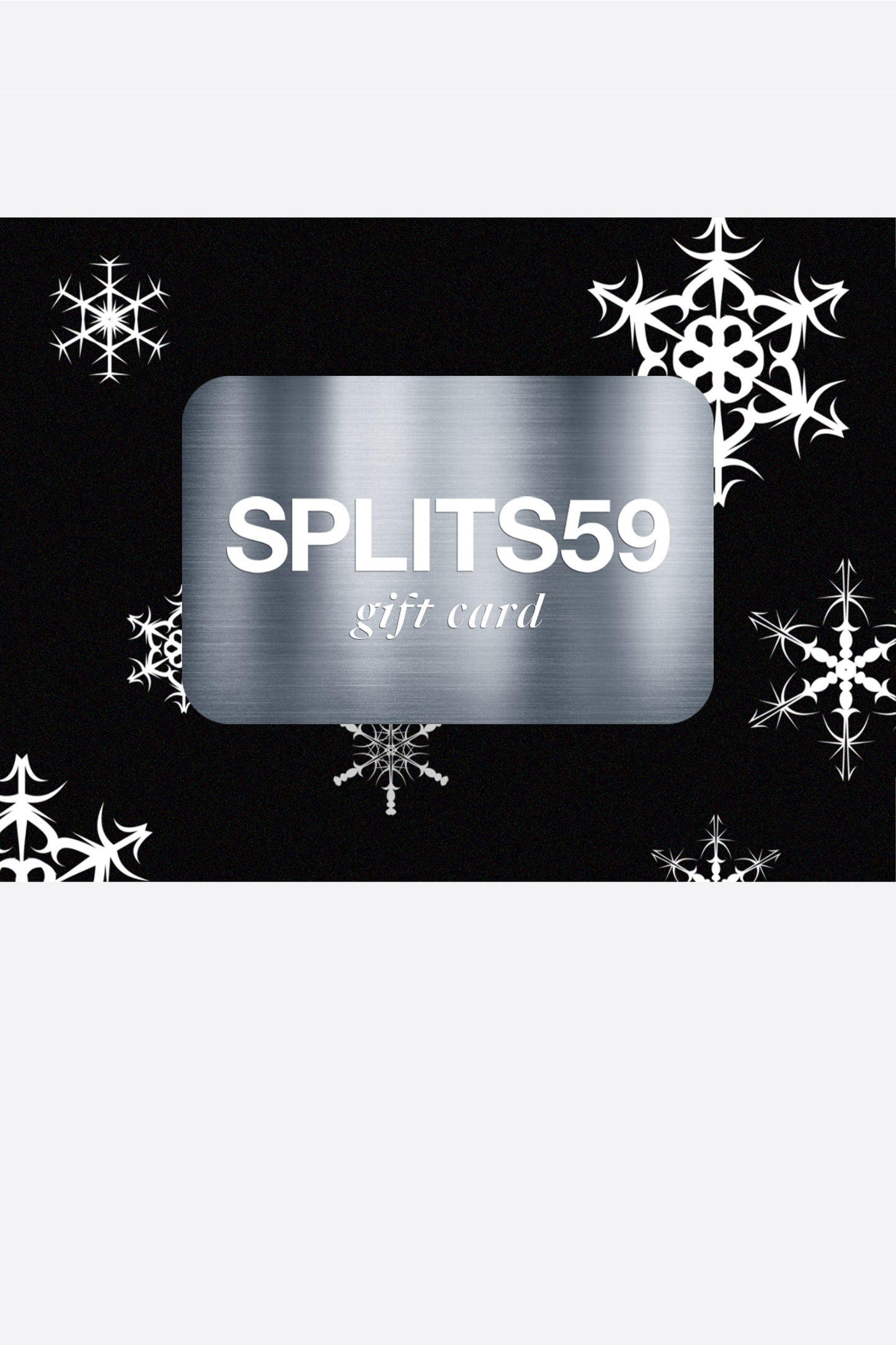 A stylish Rise.ai Gift Card with "Splits59" on a sleek black background adorned with white snowflakes, ideal for gifting on any occasion.