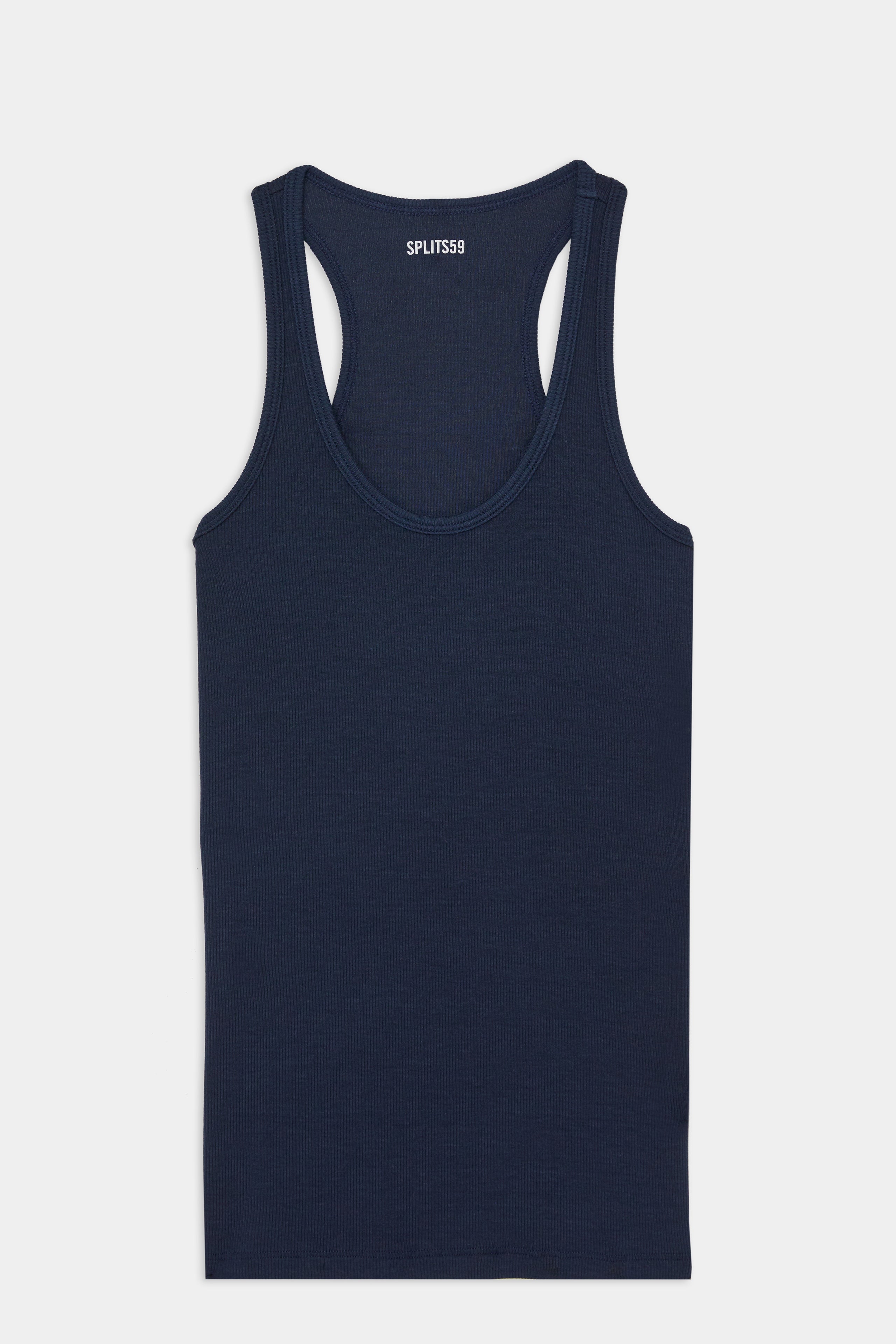 Flat view of a dark blue tank top 